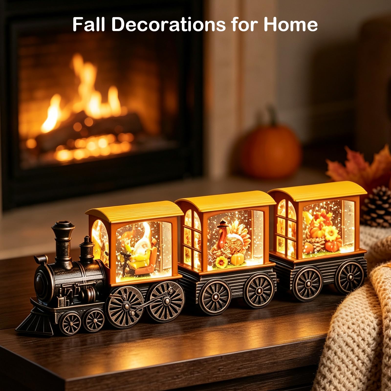 Gorrzai Fall Snow Globe Lantern Fall Decorations for Home, Lighted Fall Decor with Pumpkin Turkey Gnome Train, 6H Timer Thanksgiving Swirling Glitter Snow Globe for Harvest Day, Battery Operated