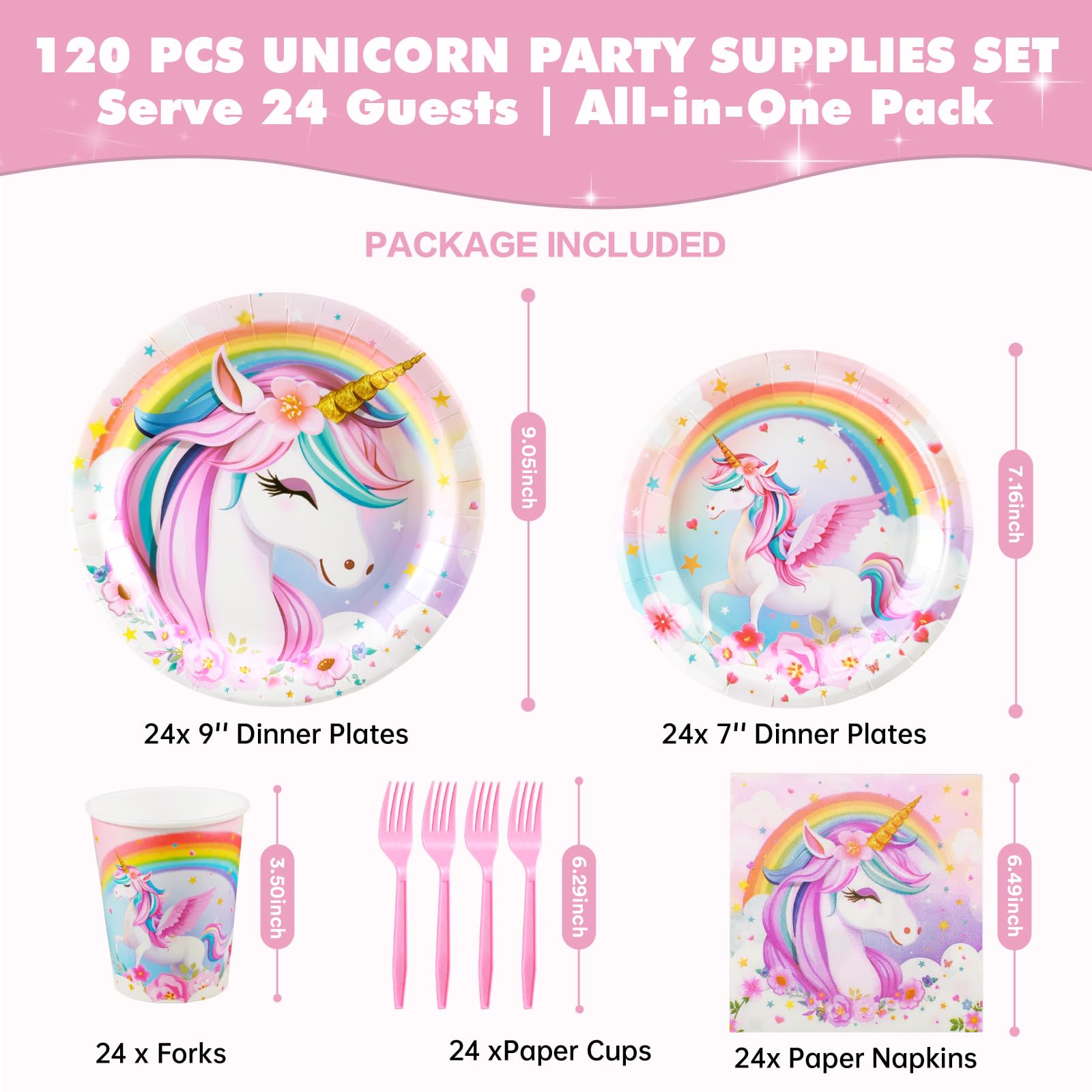 Unicorn Birthday Party Supplies Set, Disposable Tableware for 24 Guests, Includes Plates, Cups, Napkins, Cutlery – Cute Rainbow Unicorn Theme Birthday Decorations for Girls & Kids Party