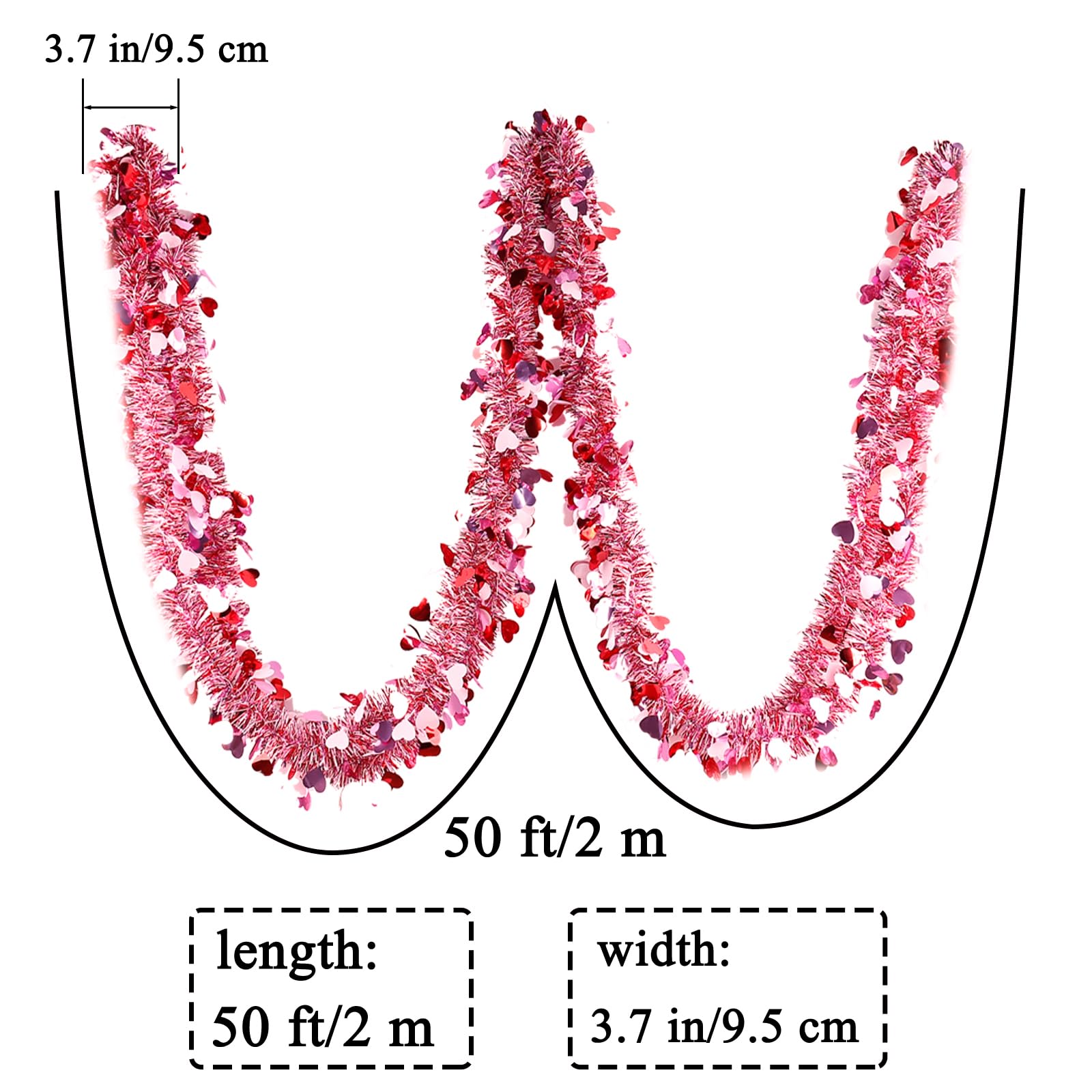 Valentines Garland Decor,50Ft Glitter Tinsel Heart Garland Decorations for Tree Mantle Bedroom Office Classroom Party Indoor Outdoor Holiday Home Pink Red White