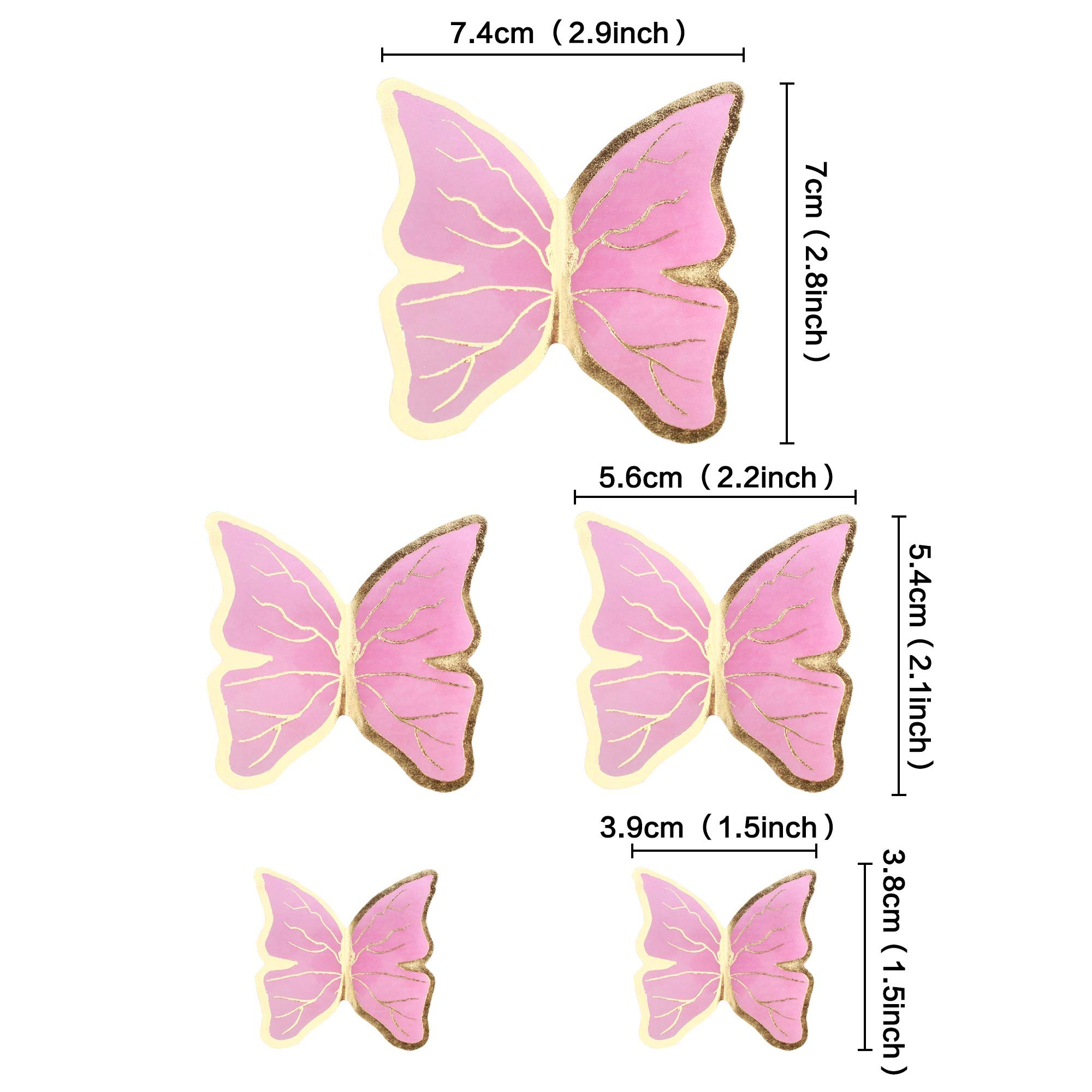 30Pcs Golden Pink 2D Waterproof Butterflies Cake Topper Transparent Butterfly Cupcake Picks for Floral Cake Decorations Girls Pink Birthday Wedding Cake Ornament Butterfly Party Decorations
