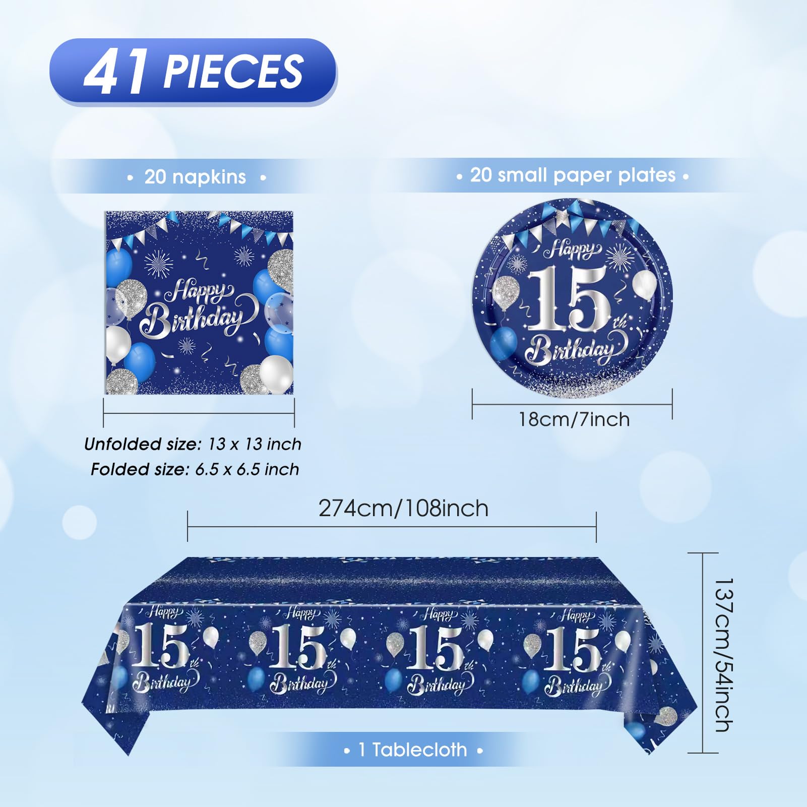 41Pcs 15th Birthday Decorations for Boys Men,Blue Silver Birthday Plates and Napkins,Tablecloth Kit,Disposable Official Teen 15 Tableware Set for Teen Boys I’m 15 Bro Years Old Party Supplies