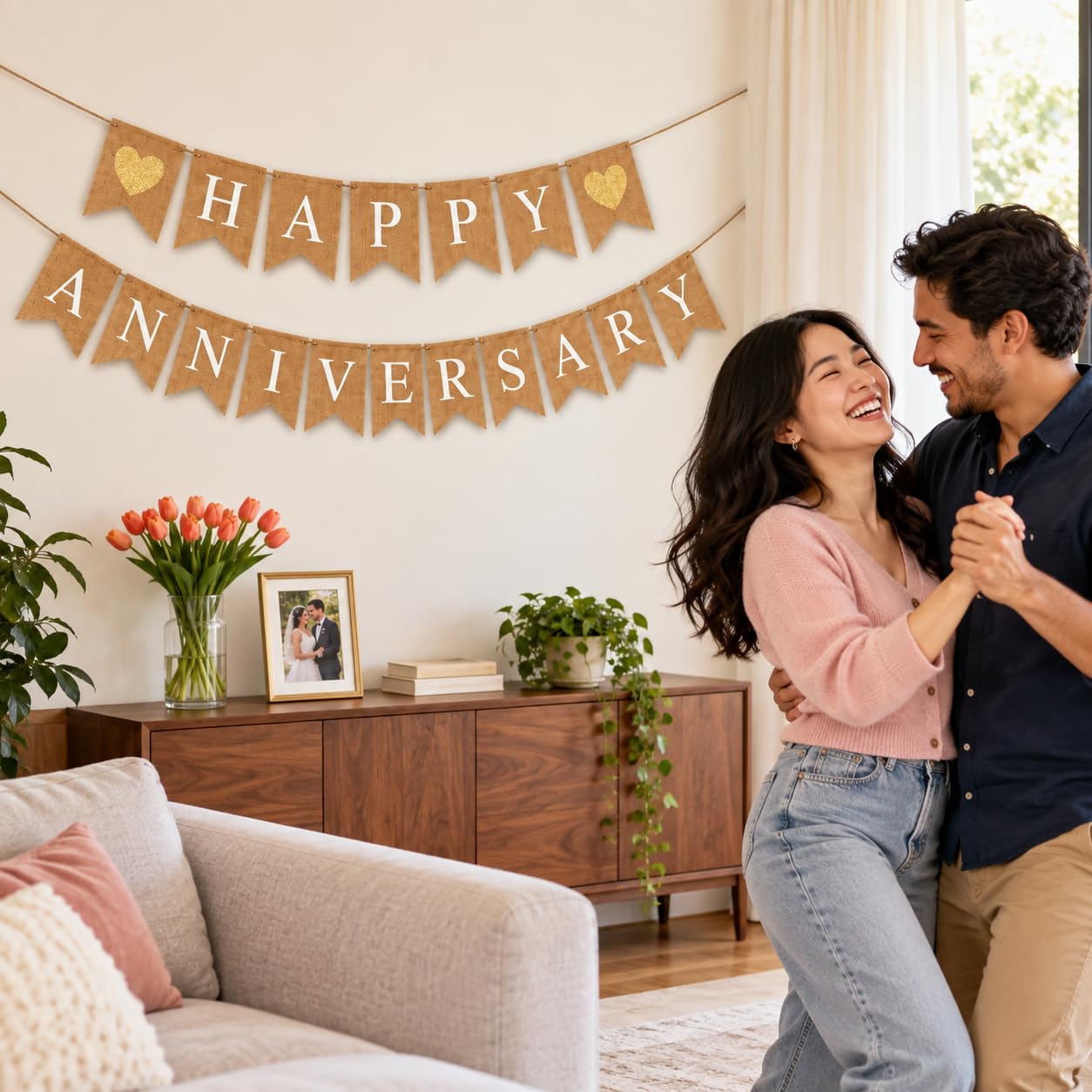 Shimmer Anna Shine "Happy Anniversary" Burlap Banner – Rustic “Happy” and “Anniversary” across natural burlap flags (approx. 5" × 7") with Sparkly Gold Hearts Party Decor
