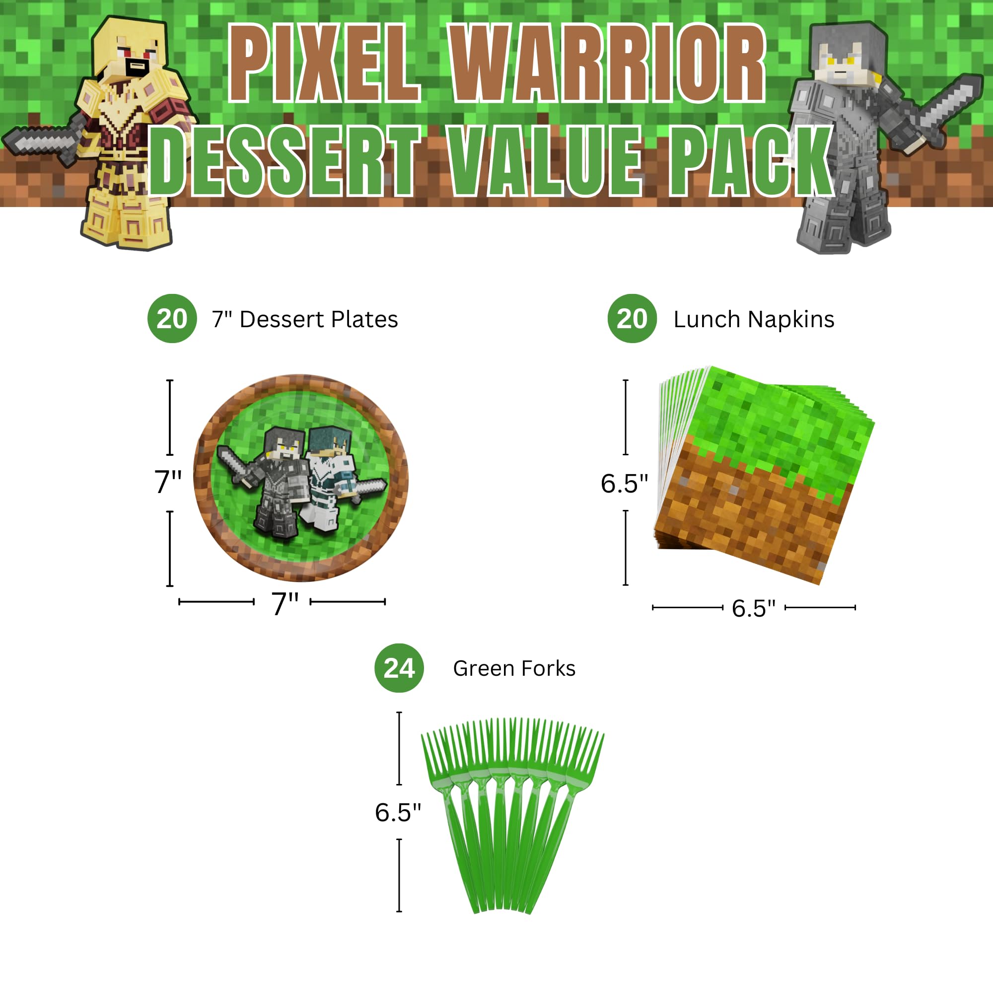 Pixel Warrior Value Party Supplies (64 pieces for 20 Guests) - Video Game Party Supplies, Video Game Birthday Decorations, Mining Craft Party, Pixel Miner Party, Video Game Birthday Party