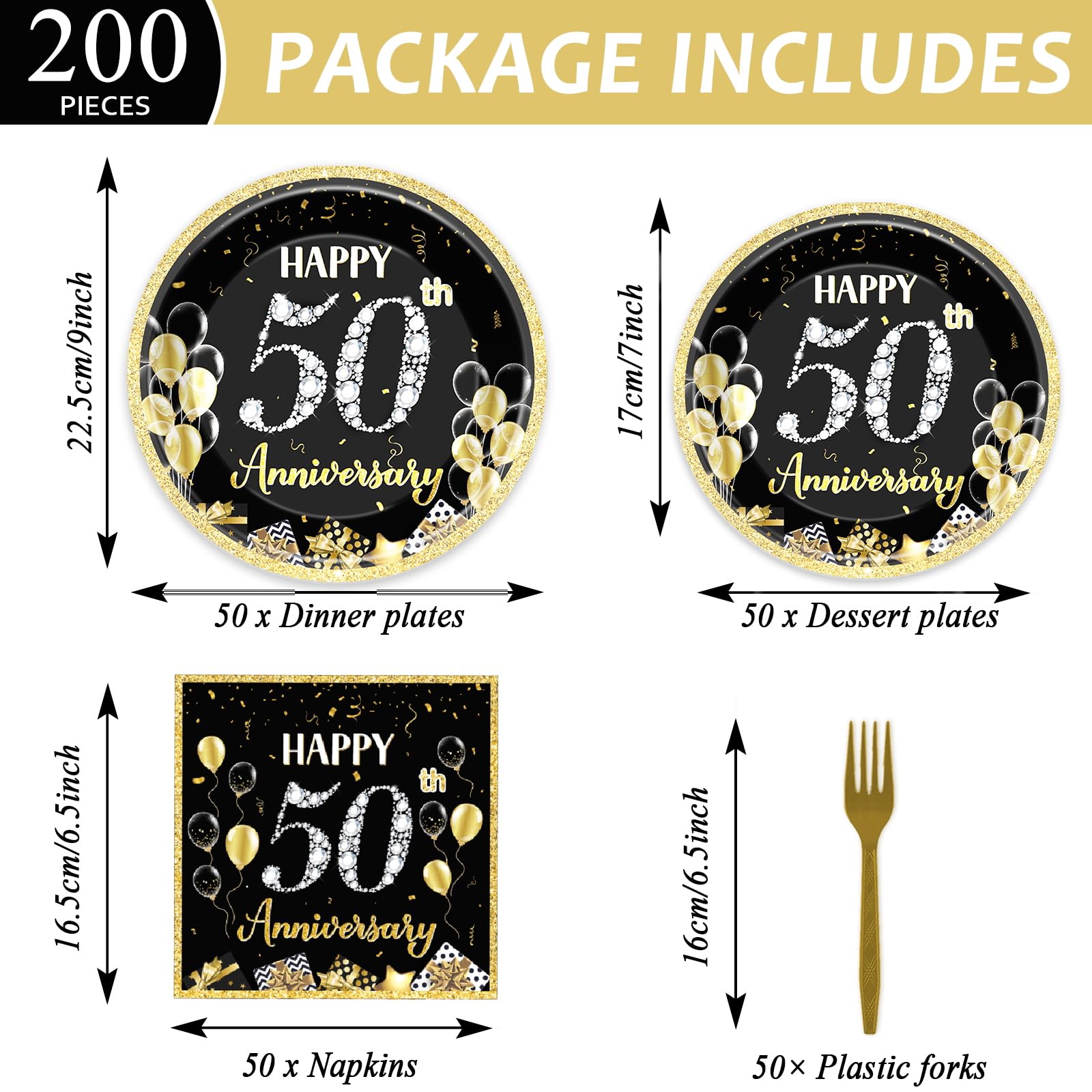 50 Guests 50th Anniversary Plates Napkins Party Supplies Employee Career Wedding Party Decoration Disposable Paper Cake Tableware Sets Party Dinnerware Favors Fiftieth Anniversary, 200PCS