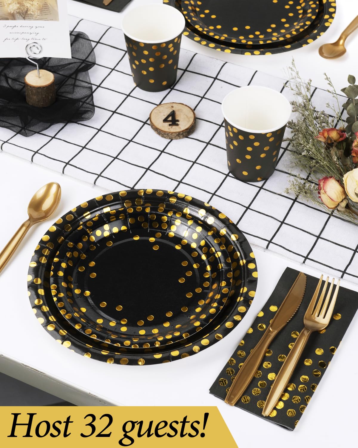 224 Pieces Party Supplies, Black and Gold Party Plates Cups and Napkins Sets with Plastic Knives forks spoons, Disposable Tableware Serves 32 Sets for Wedding, Birthday, Graduation, Festivals
