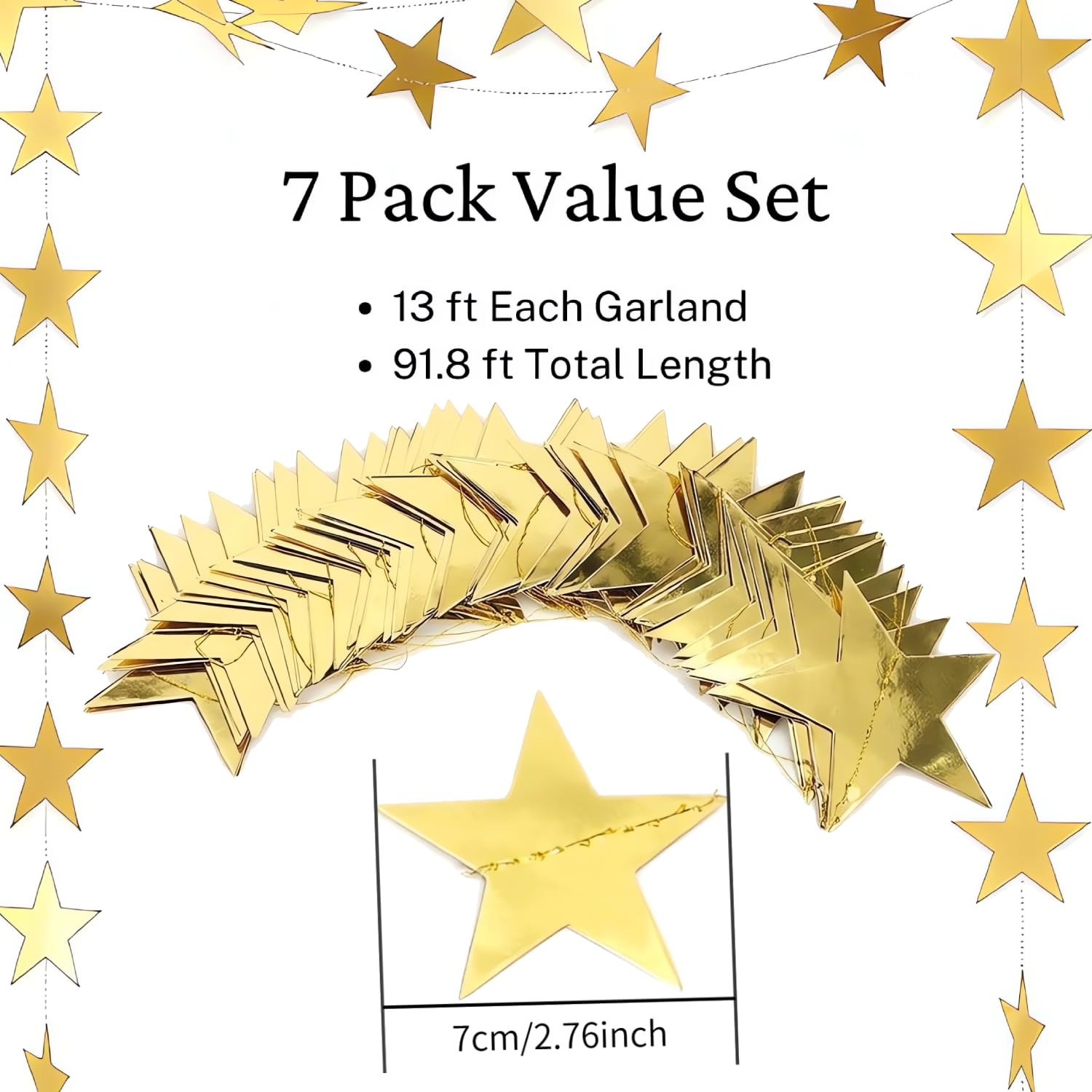 Guismous 7 Pack 91.8 ft Gold Star Garland Banner Double Side Hanging Star Streamers Paper Star Banner Backdrop for Graduation Birthday Baby Shower Wedding Classroom Party Ceiling Decorations
