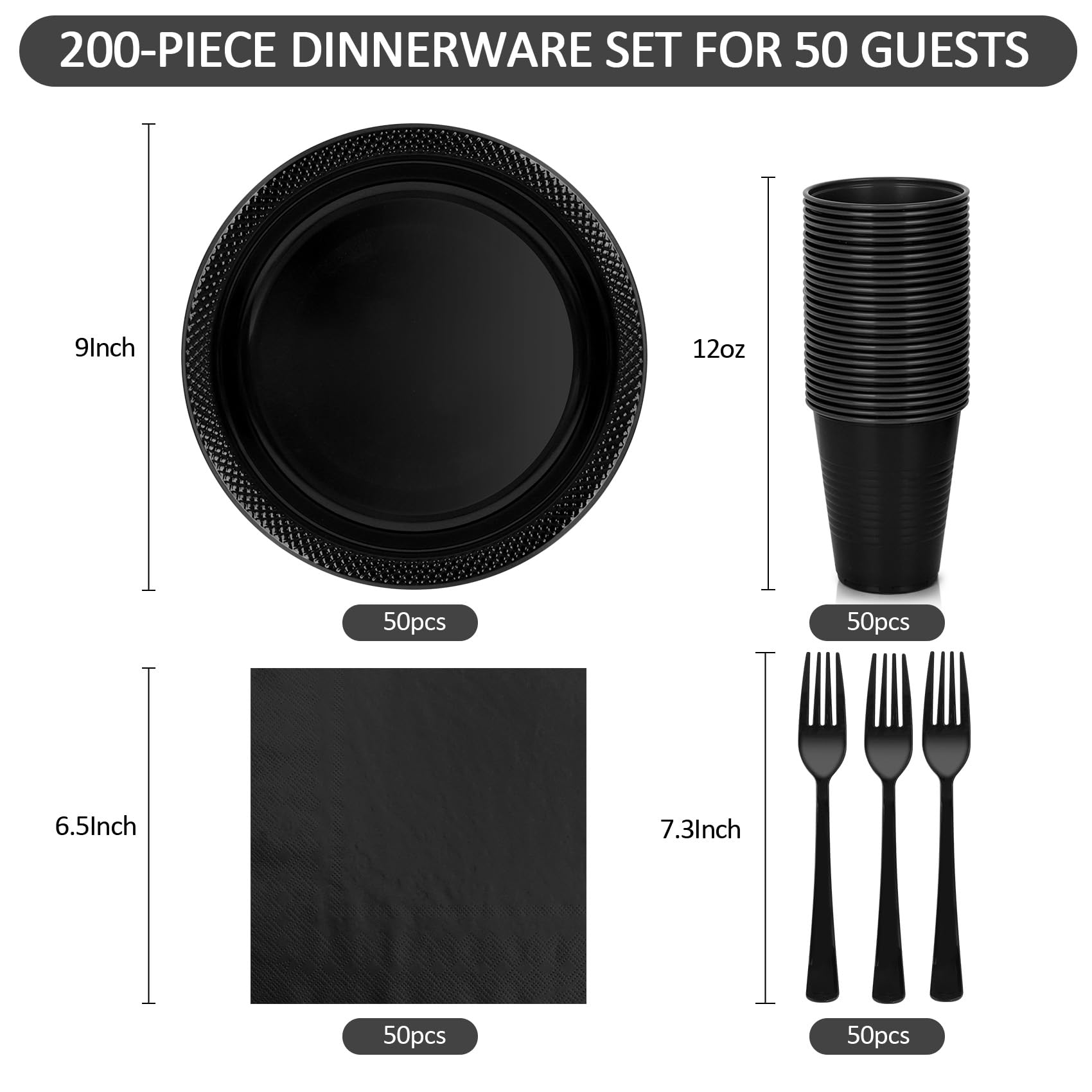 200pcs Black Plastic Party Plates Set, Disposable Black Plates and Napkins for Party, 50 of Each 9" Dinner Plate, Napkins, Cups & Cutlery Plastic Dinnerware for Halloween, Retirement, Birthday, BBQ