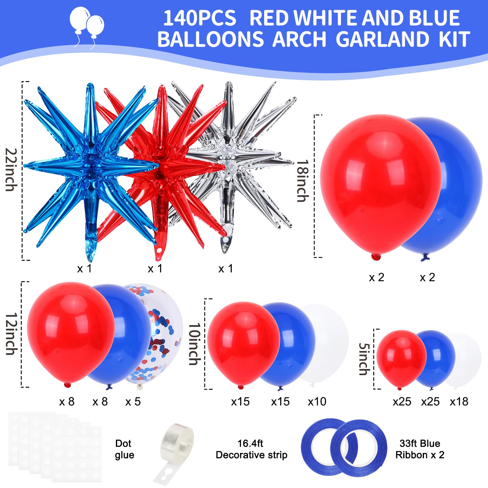 RUBFAC Red White and Blue Balloon Arch Kit, 4th of July Balloons Patriotic Decorations, Graduation Decorations Party Star Balloons for Soccer Nautical Baseball Theme Birthday Party, 140pcs