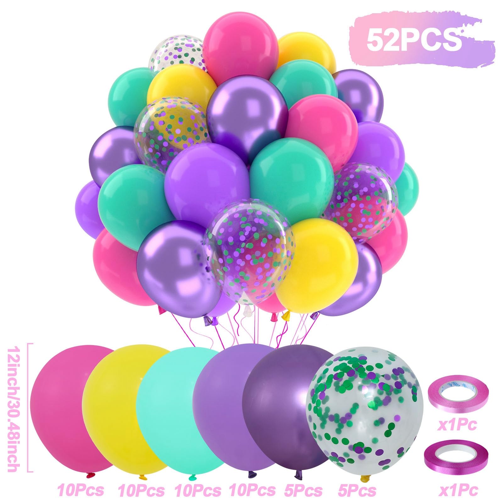 Patimate Birthday Balloons Set, 50 pcs 12 inch Hot Pink Metallic Purple Yellow Teal Confetti Latex Balloons Kit for Kid's Birthday Baby Shower Magic Theme Party Decorations