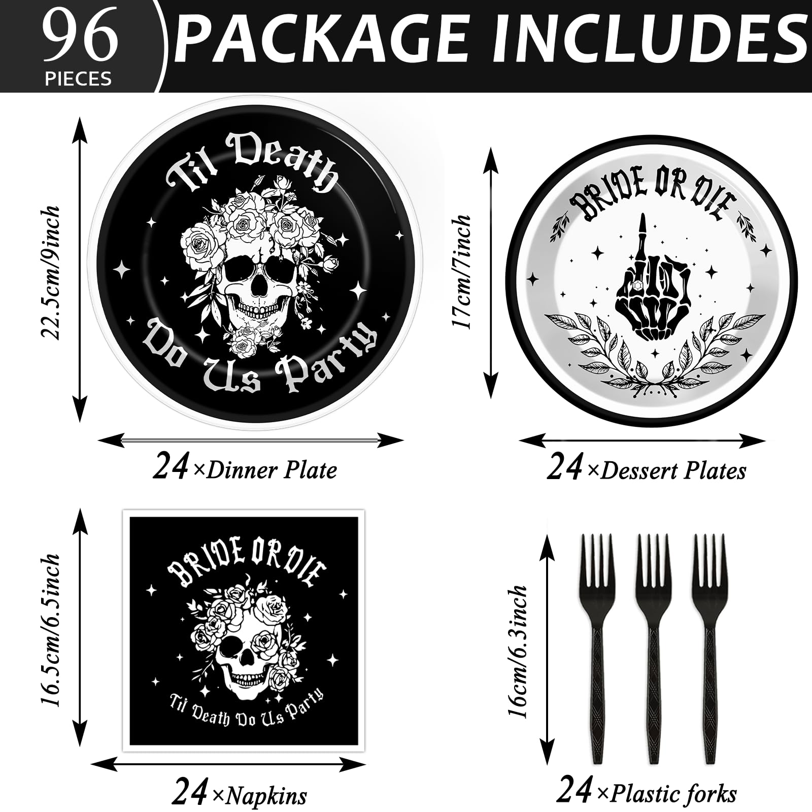 96pcs Bride or Die Bachelorette Party Plates and Napkins, Till Death Let's Birthday Decorations for Bridal Shower Party Dessert Plates, Halloween Bachelor Birthday Tableware Decor, Serves 24