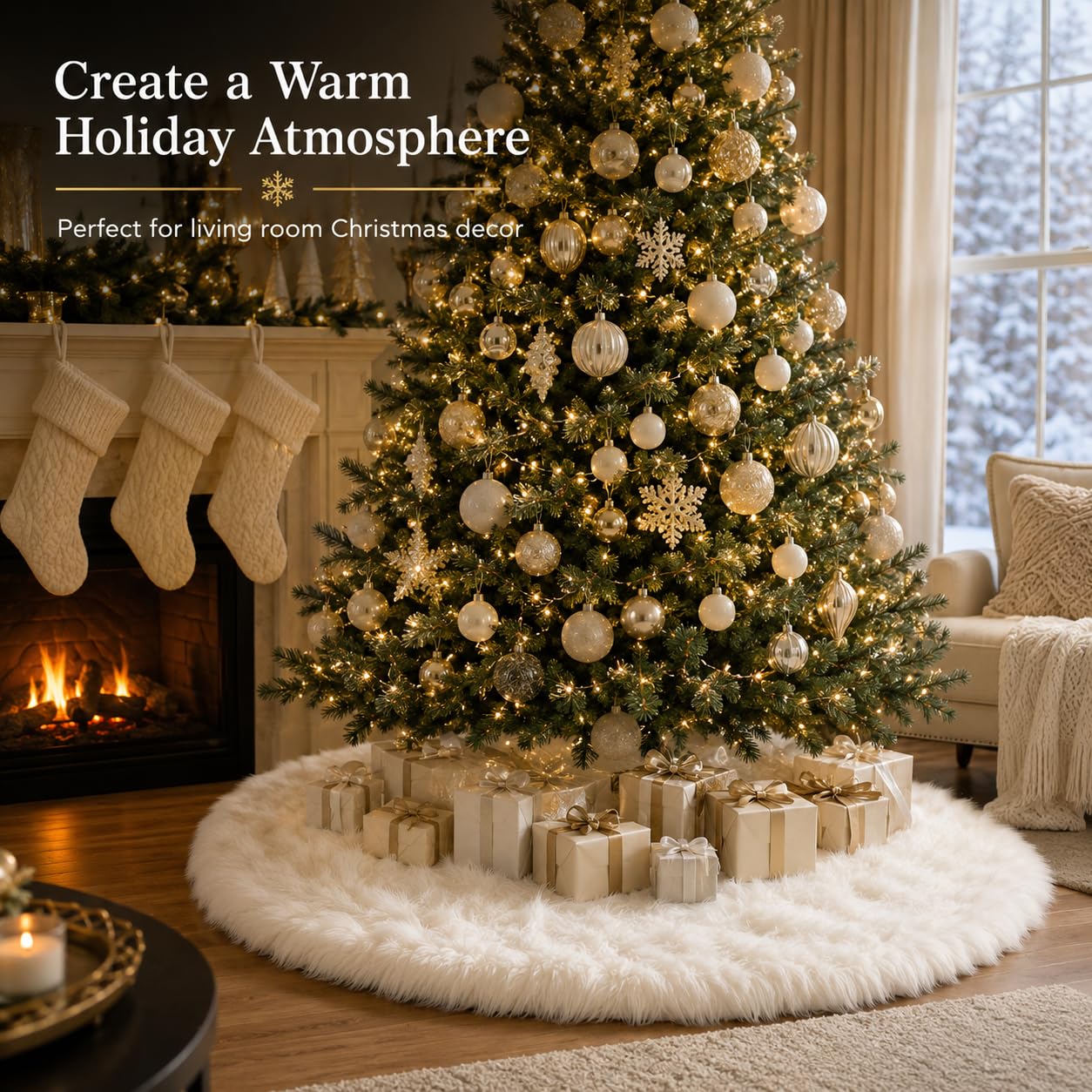 AOGU 48 Inch Faux Fur Christmas Tree Skirt White Plush Skirt for Merry Christmas Party Christmas Tree Decoration