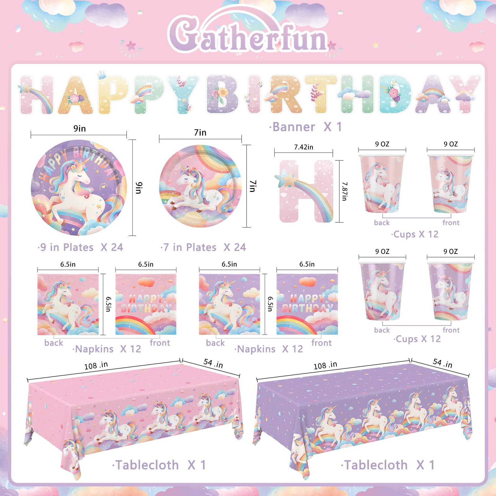 Unicorn Birthday Decorations Kit for Girl 24 Guests - for Unicorn Decorations, Includes Dinner & Dessert Plates, Napkins, Cups, Banner and Tablecloth for 1st Birthday Party Decorations