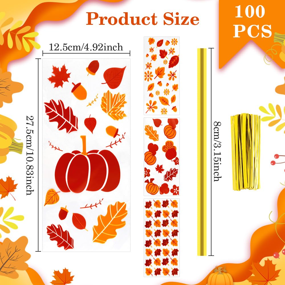 Fall Thanksgiving Treat Bags,100Pcs Thanksgiving Fall Cellophane Treat Bags, Plastic Falls Autumn Maple Leaf Pumpkin Candy Cookies Goodie Gift Bags with Twist Ties for Thanksgivings Falls Party Favors