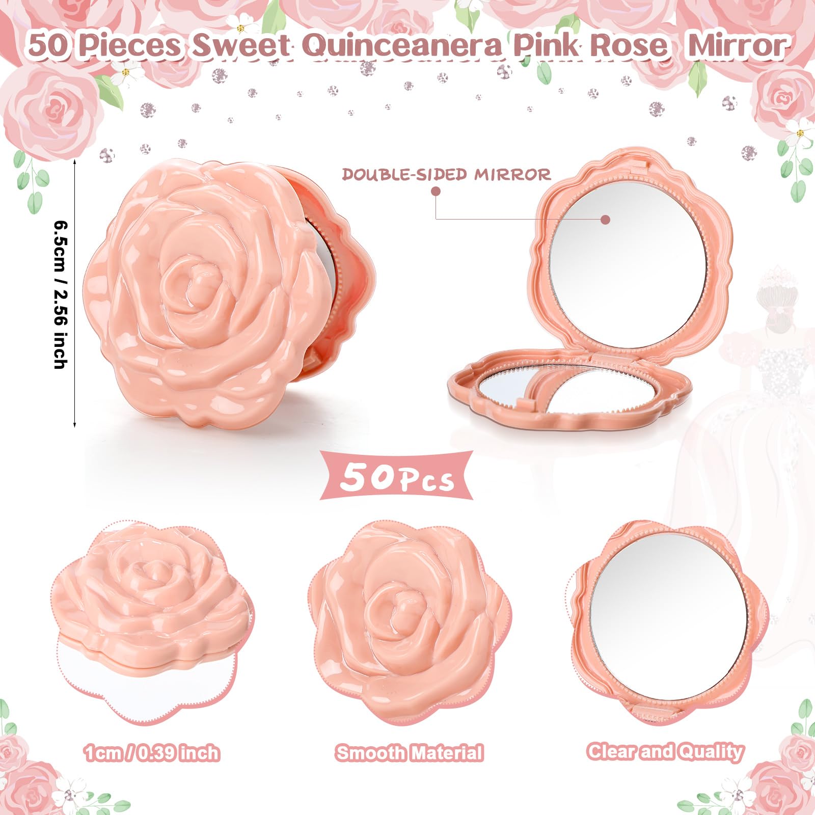 50 Sets Quinceanera Party Favors for Guests Rose Compact Mirrors, Pink
