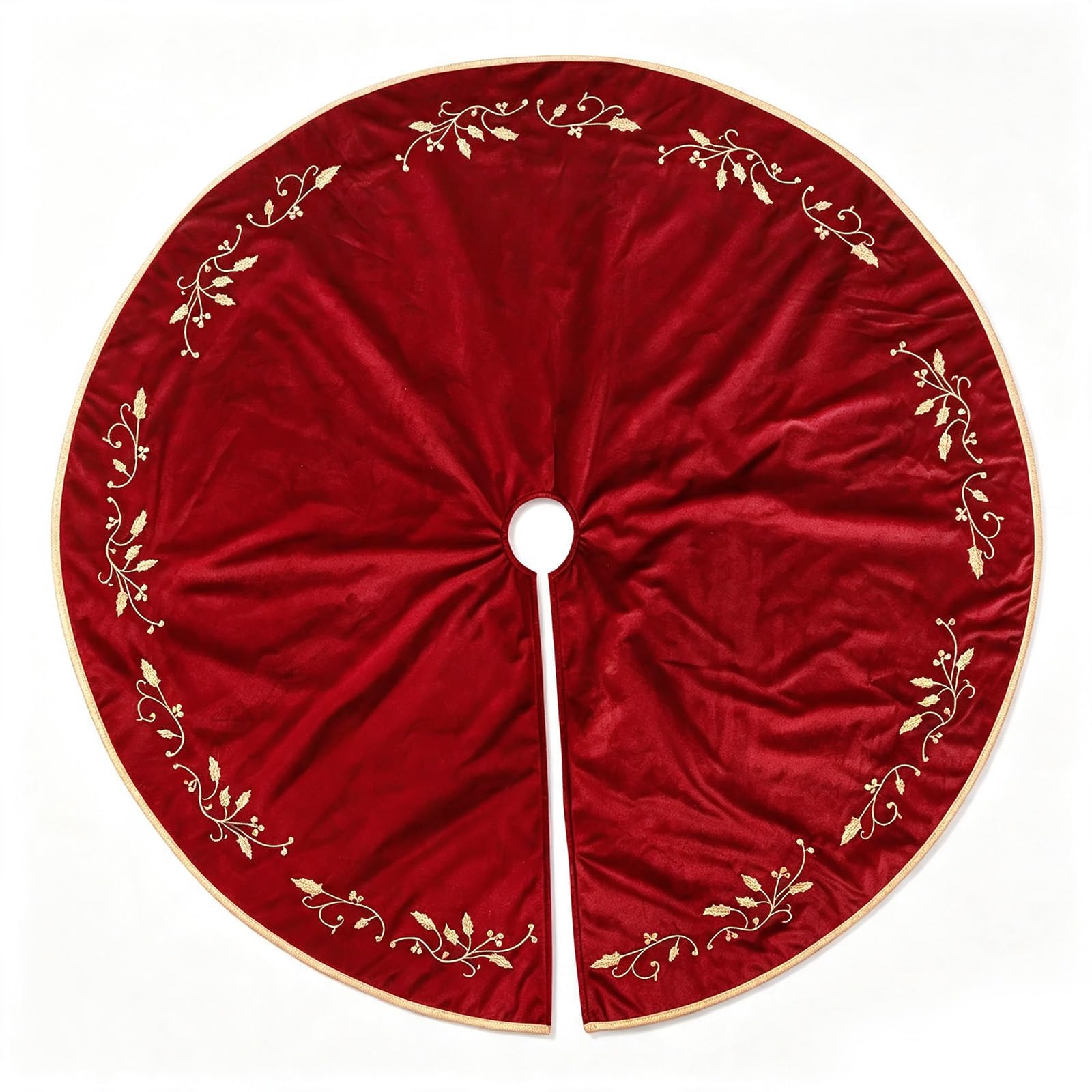 Bunny Chorus Christmas Tree Skirt, 48 inches Red Luxury Velvet Plush Fur Skirts with Gold Embroidered Holly Leaf for Rustic Xmas Tree Holiday Decorations