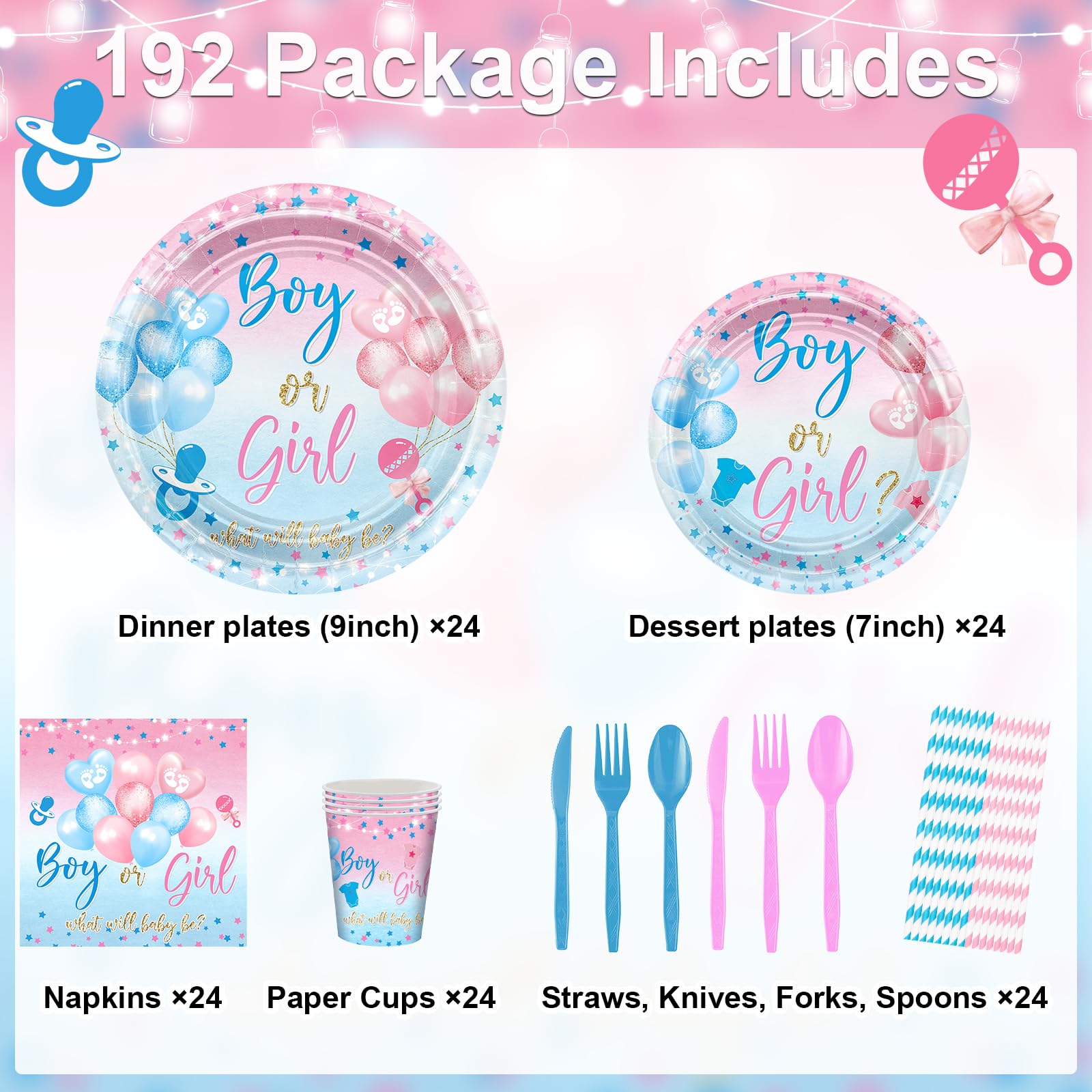 Avezano 192 Pcs Gender Reveal Party Decorations Boy or Girl Plates Napkins Cups Blue and Pink Gender Reveal Party Tableware Set Serve 24