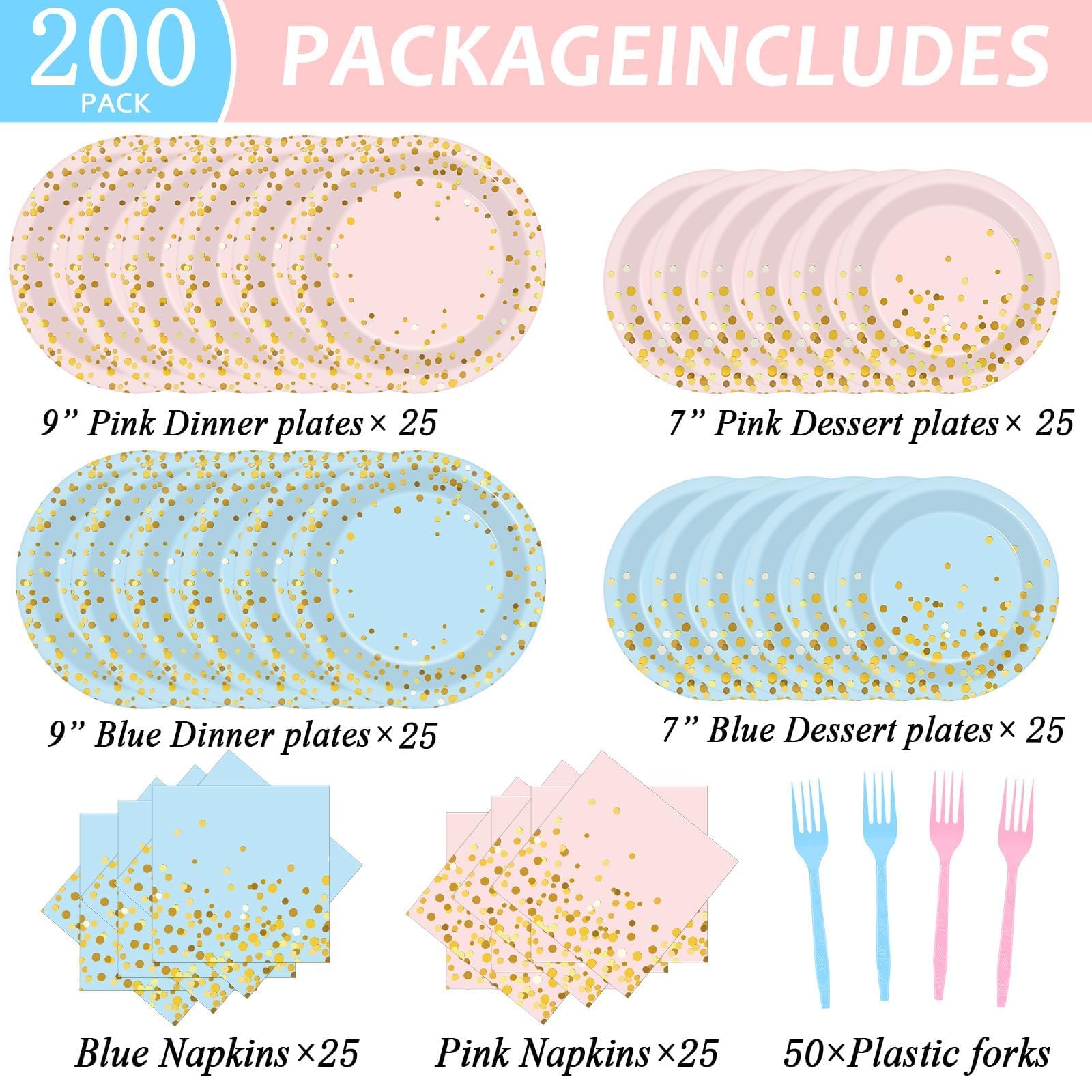 gisgfim 50 Guests Gender Reveal Party Supplies Baby Shower Party Tableware Gender Reveal Plates and Napkins Plastic Forks Boys Girls Blue and Pink Paper Plates for Baby Shower Wedding Birthday 200PCS