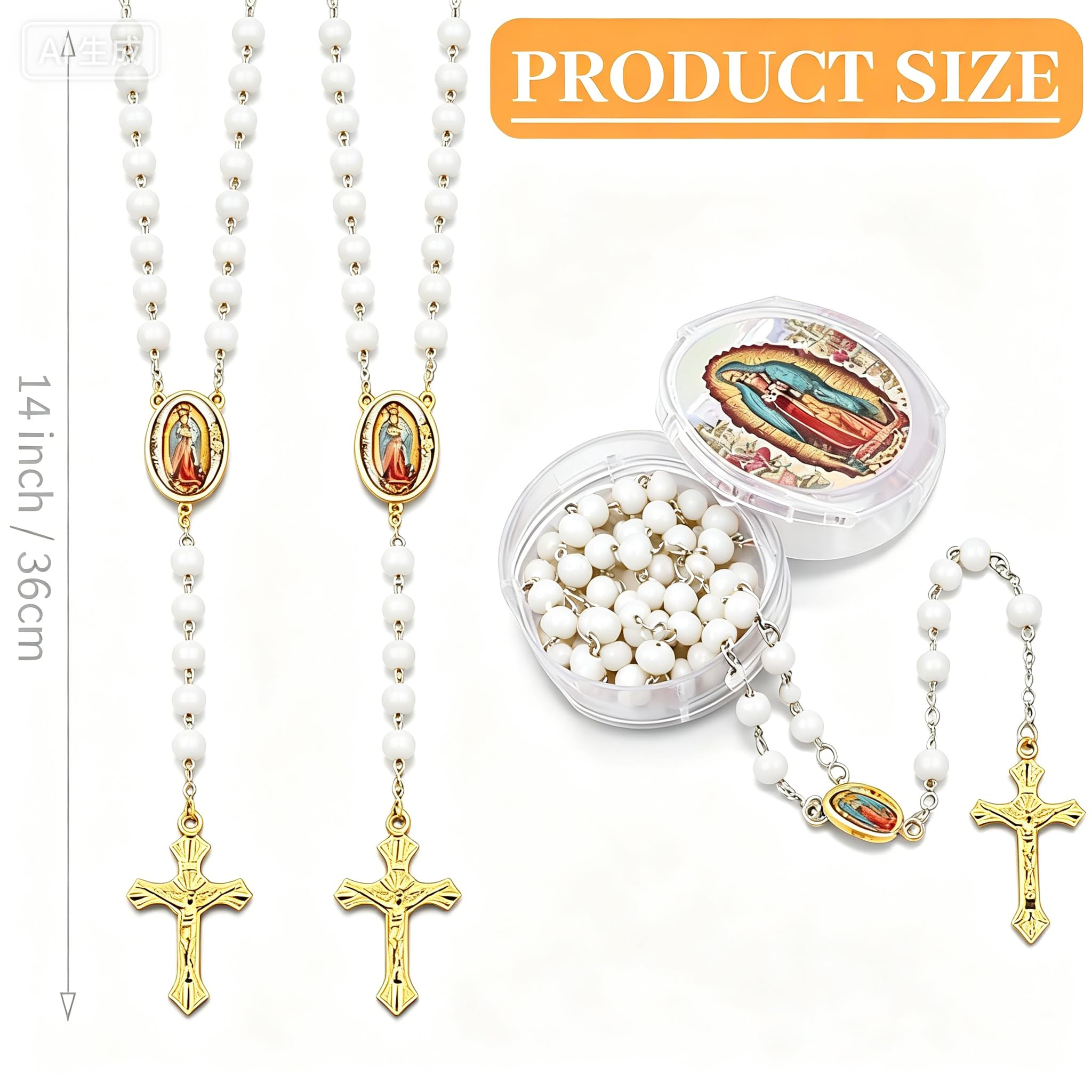 CAYOREPO 48 Pcs Scented Rosary Necklace Set with Gift Box – Wooden Bead Rosary with Crucifix for Women & Men, First Communion, Baptism, Party Favors (White Glod)