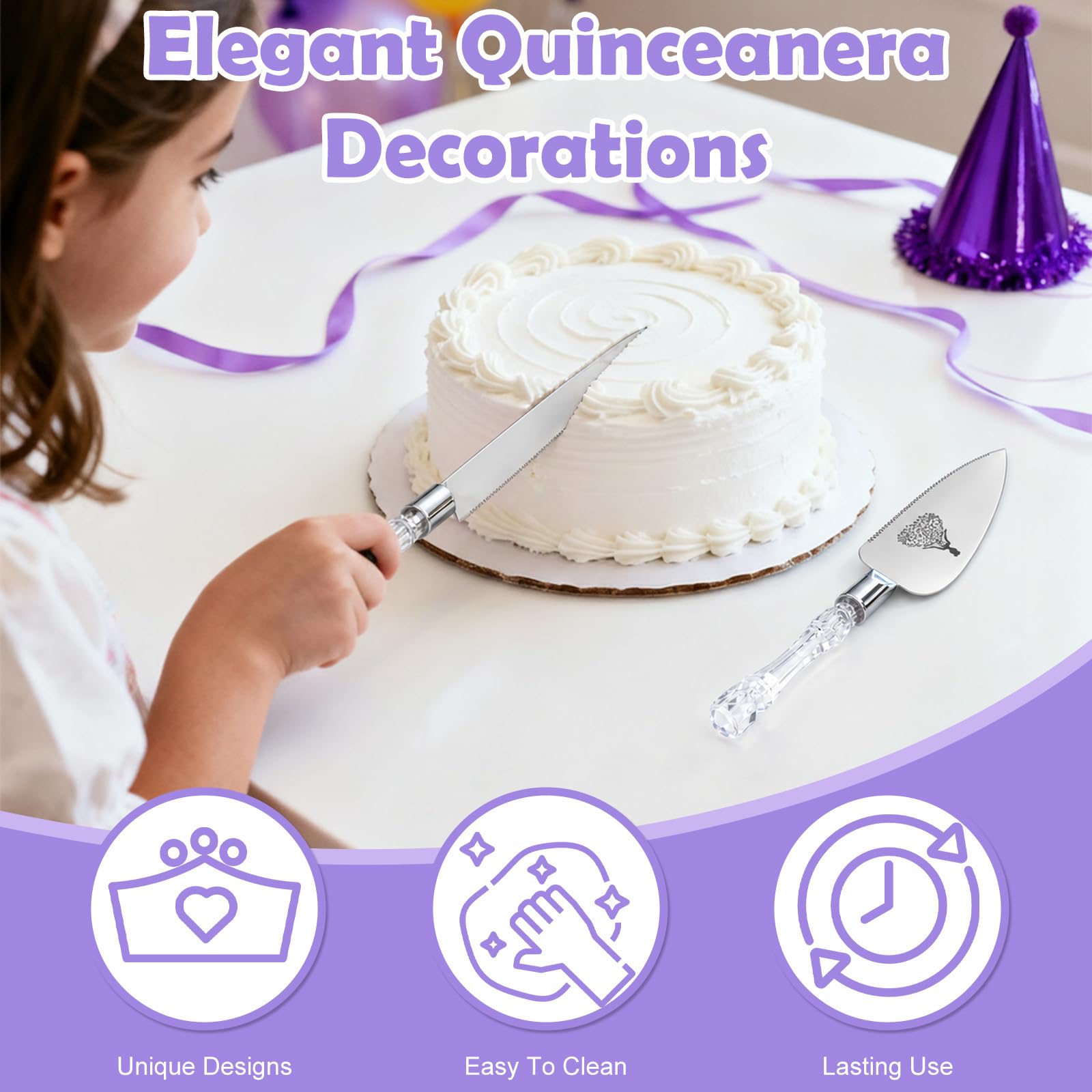 CQNET Mis Quince Años Quinceanera Cake Knife and Server Set - Sweet 15 Birthday Gifts for Girls, Feliz 15 Anos Party Decorations & Keepsake, Stainless Steel Cutting Set with Crystal Handles, Silver
