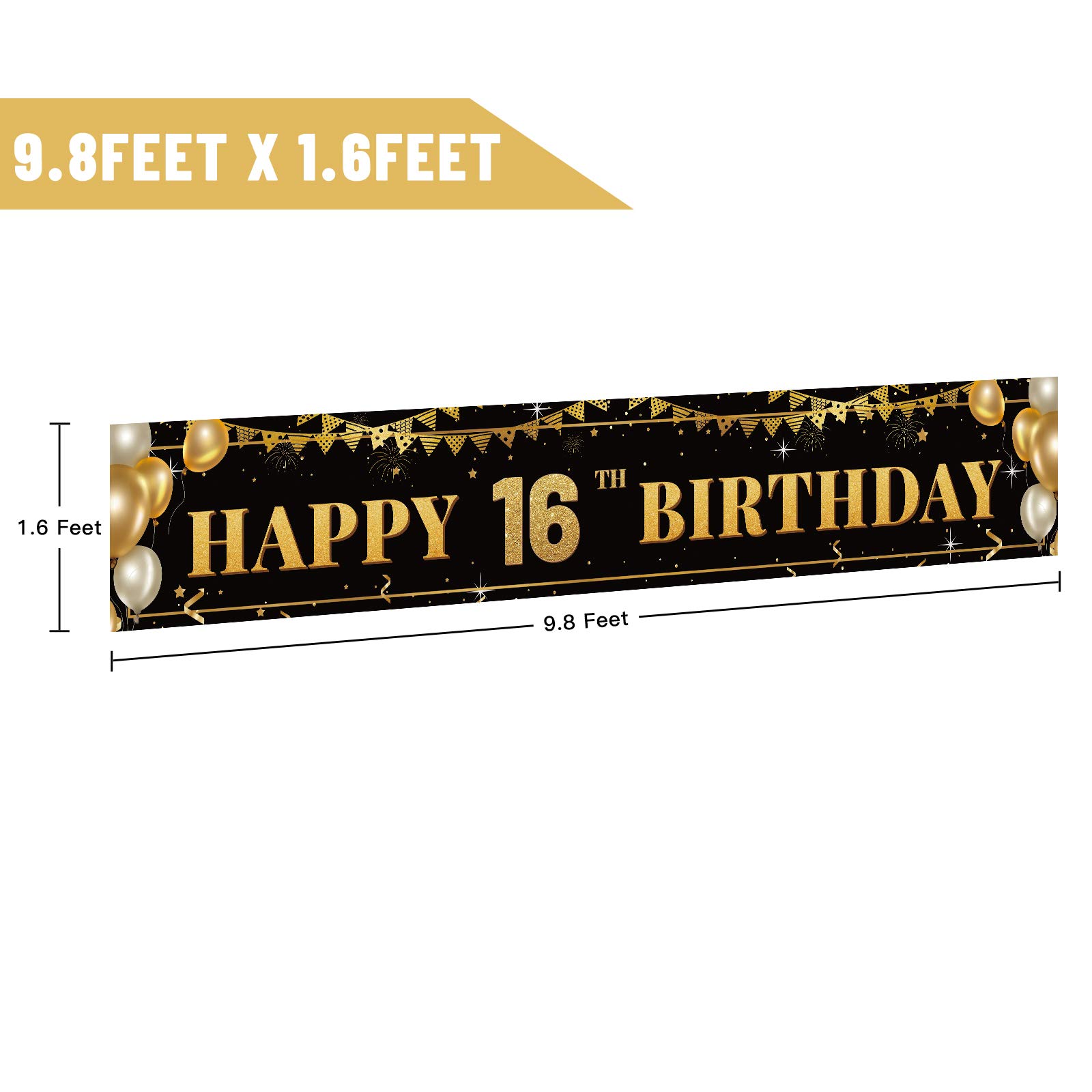 Large Happy 15th Birthday Decoration Banner, Black and Gold Happy 15th Birthday Banner Sign, 15th Birthday Party Decorations Supplies(9.8x1.6ft)
