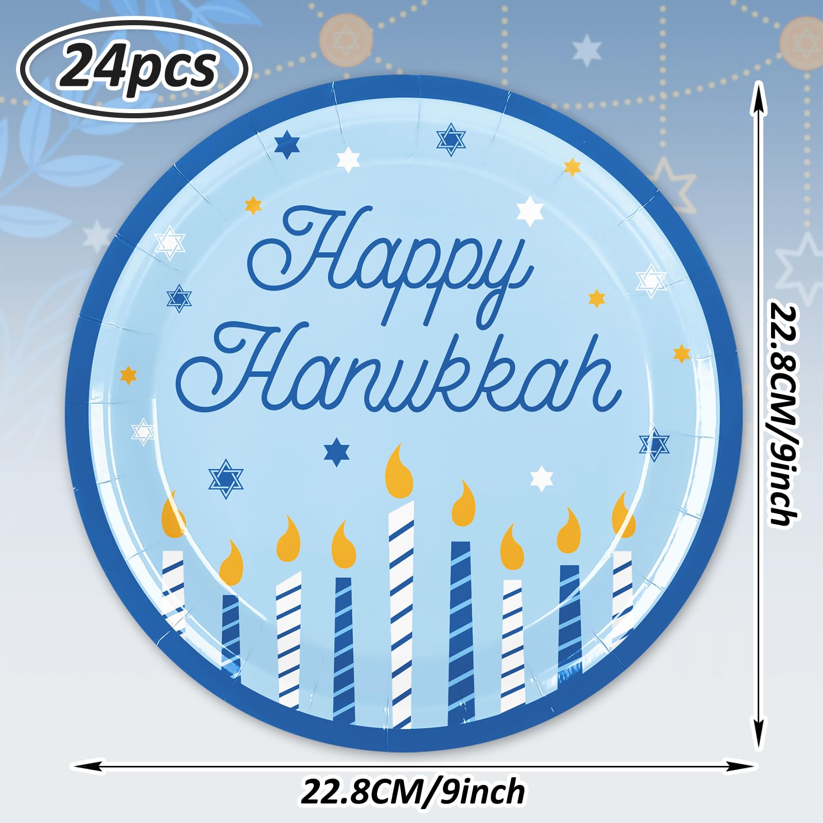 Whaline 24Pcs Happy Hanukkah Paper Plate Blue Candle Star Disposable Dinner Plate Chanukah Tableware Plates for Party Supplies Table Decor, 9 Inch