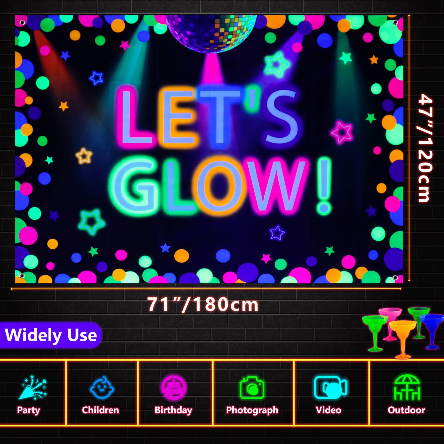 6x4ft Neon Let's Glow Party Backdrop Colorful Photography Background Glow in The Dark Party Supplies, Neon Decorations for Kids Birthday Supplies (71 x 47 Inch)
