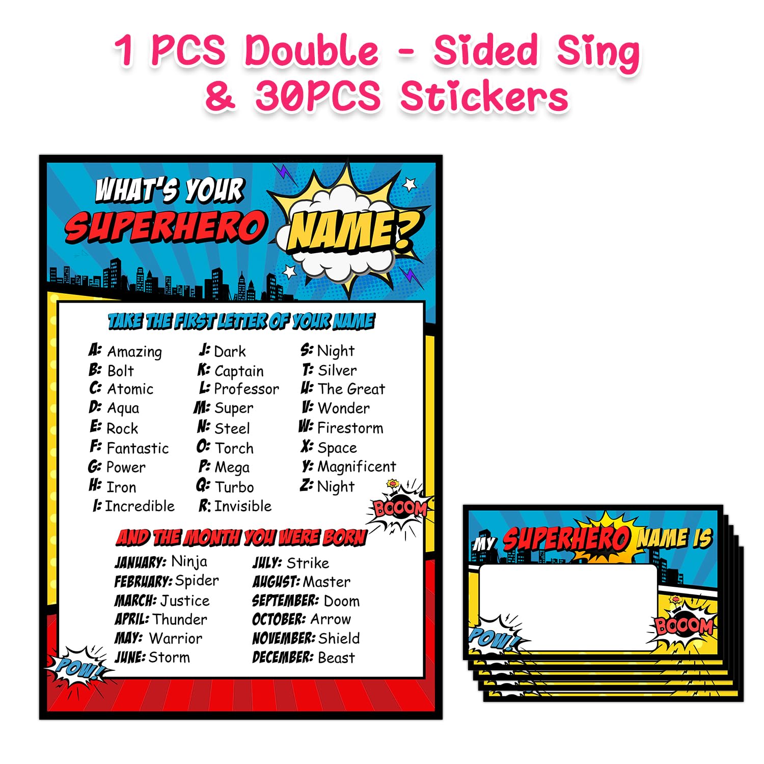 What is Your Superhero Name Game, Game Sign and 30 Cards, Superhero Birthday Party Sign for Boys, Holiday Activity, Kids Superhero Activity Cards, Superhero Activity Decoration Supplies