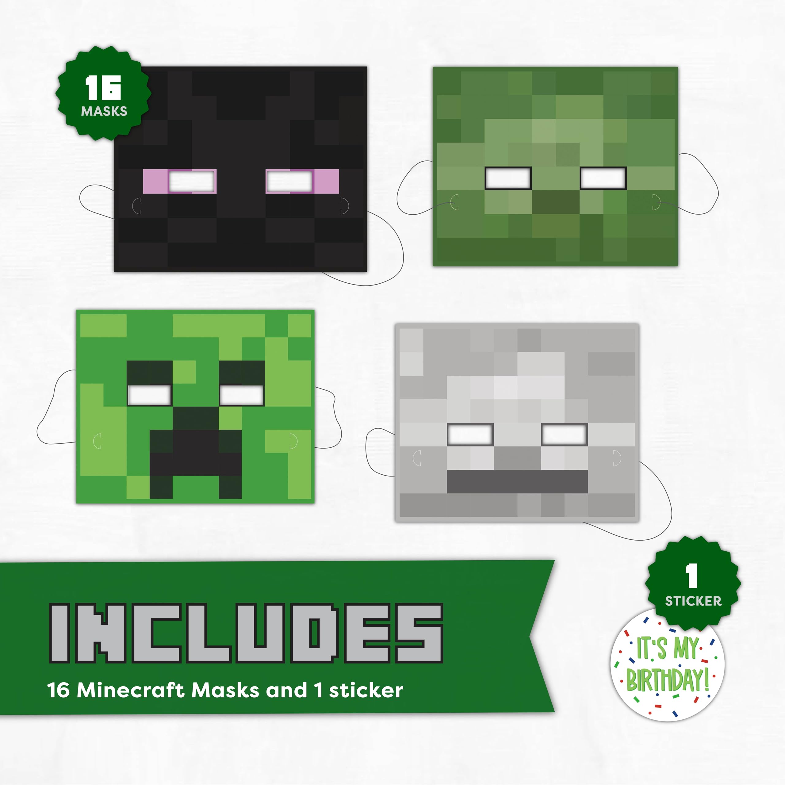 Minecraft Party Favors and Birthday Party Decorations - 16-Pack Masks