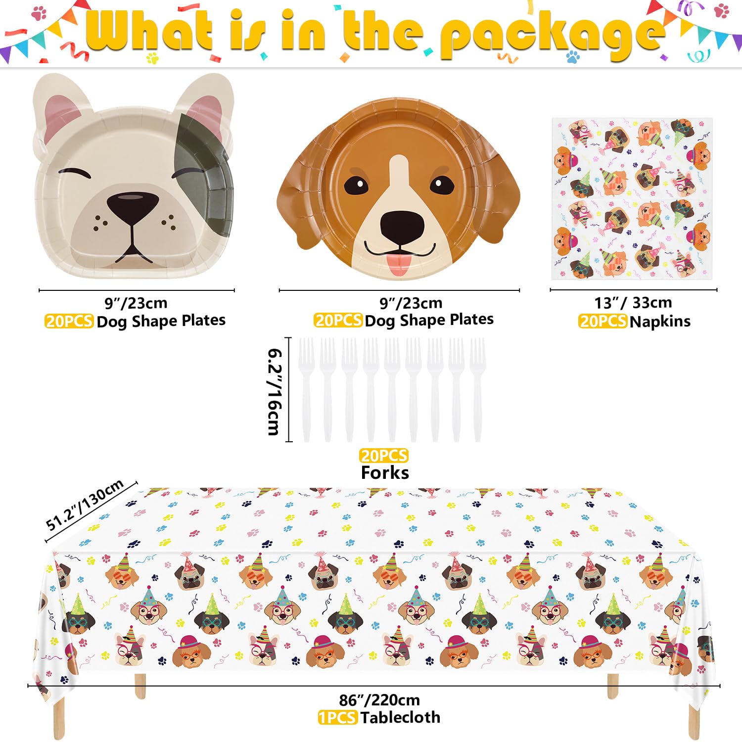 81 Pcs Dog Party Decorations - Including Plates, Napkins, Puppy Tablecloth, Black Plastic Forks for Kids Puppy Dog Themed Birthday Party Supplies, Serve 20