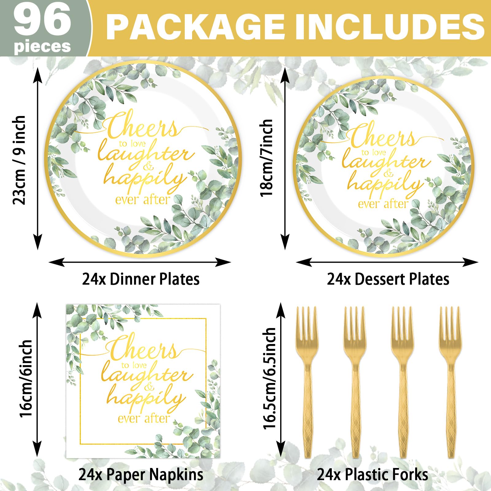 96Pcs Eucalyptus Leaves Bridal Shower Party Supplies Cheer to Love Birthday Plates and Napkins Sage Green Tableware Disposable Dessert Dinnerware for Wedding Engagement Anniversary Decor for 24 Guest