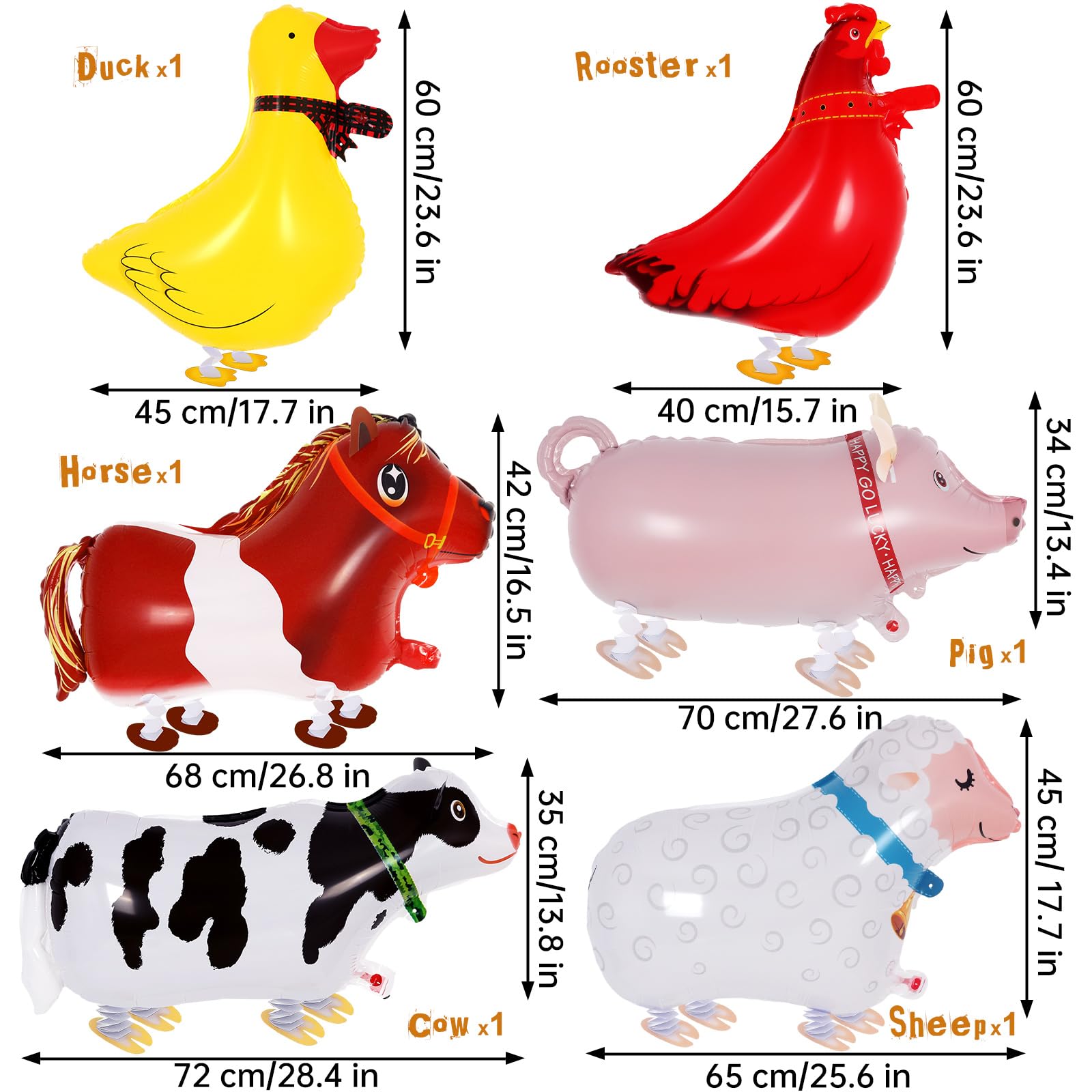 6 Pcs Walking Animal Balloons, Farm Animals Balloons, Walking Foil Mylar Balloon, Farm Birthday Decorations for Farm Theme Party Supplies (Animal)