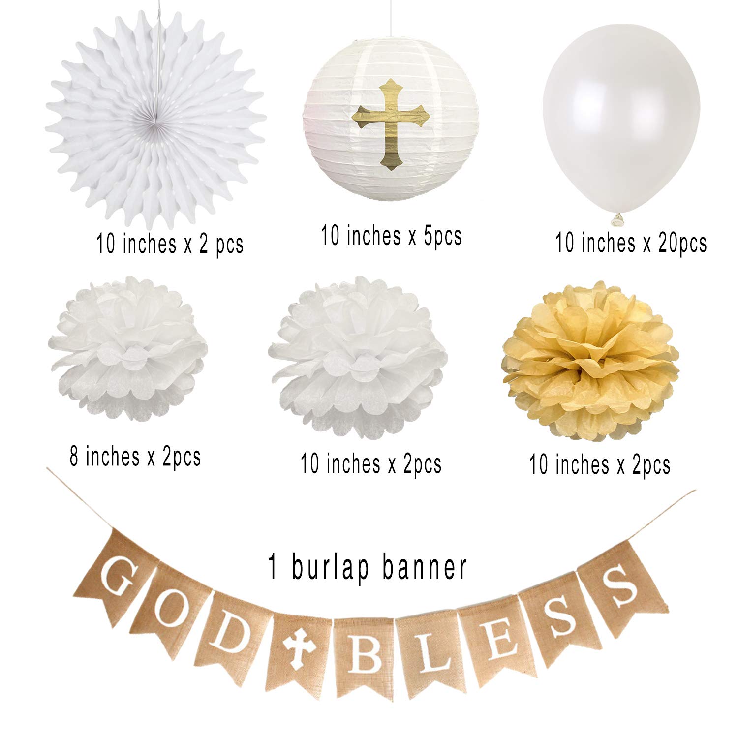 CHRORINE First Communion Banner Kit, Baptism Decorations for Boys Girls, First Communion Confirmation Decorations,God Bless Banner and White Decorations - White Set
