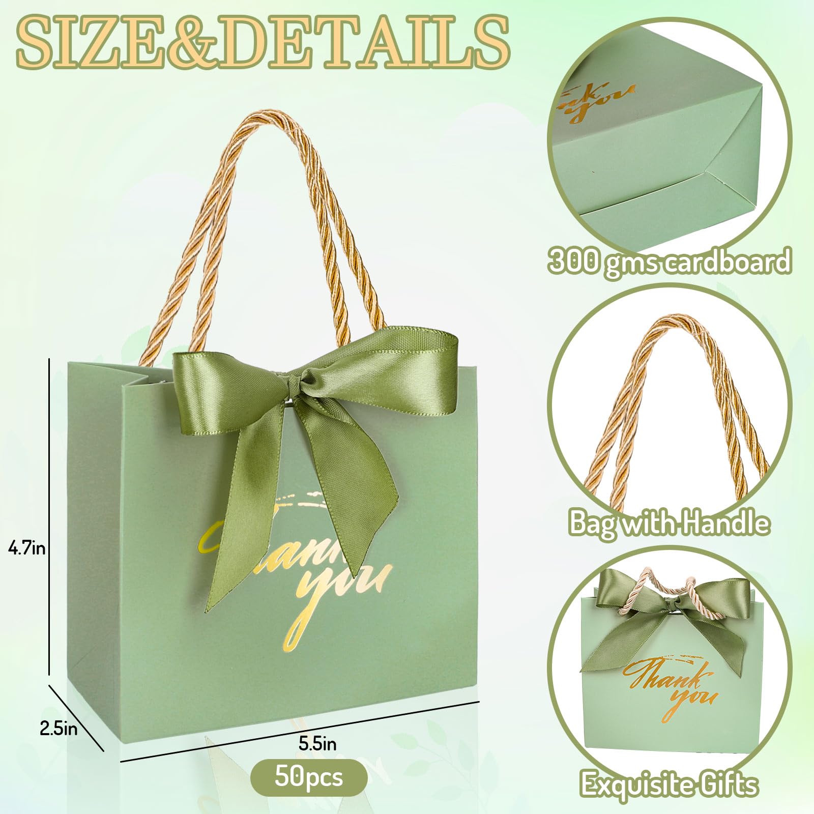 Whaline 50 Pcs Thank You Paper Gift Bags with Bows Sage Green Party Favor Bag with Handles Mini Candy Treat Bags for Wedding Bridal Baby Shower Birthday Party (Assembly Required)