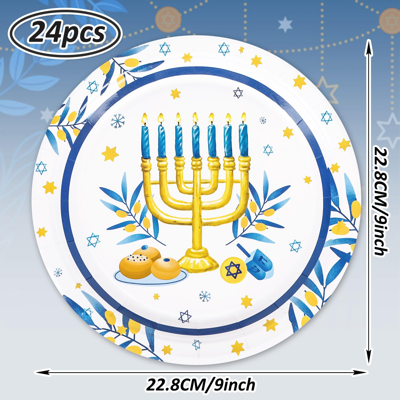 Whaline 24Pcs Hanukkah Paper Plates Menorah Chanukah Disposable Plates Watercolor Blue White Dinner Plates for Winter Holiday Party Supplies Table Decor, 9 Inch