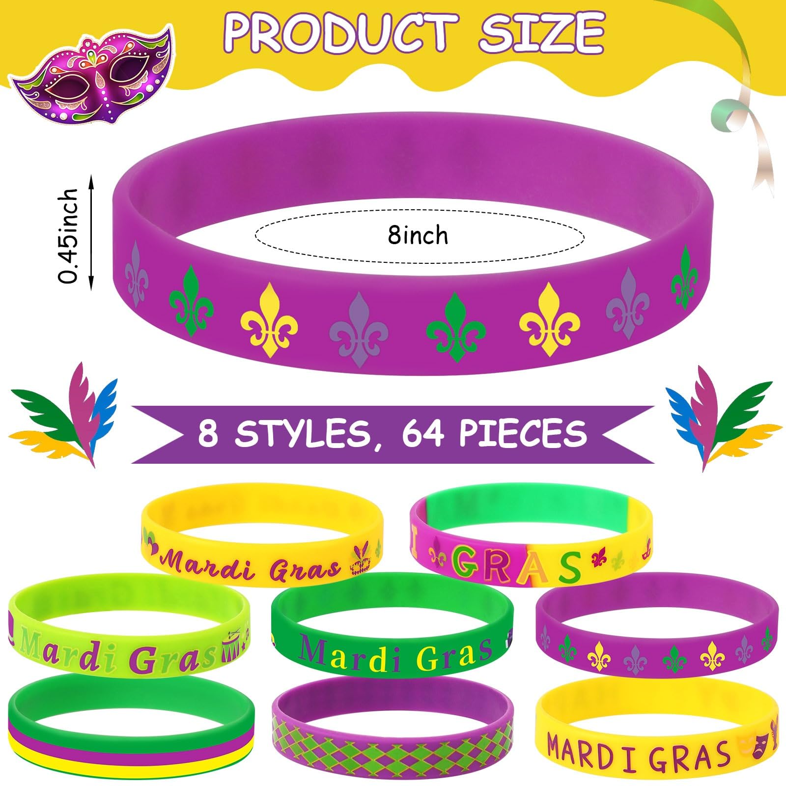 JUNEBRUSHS 64Pcs Mardi Gras Silicone Bracelets, Mardi Gras Throws Rubber Wristbands for Mardi Gras Carnival Party Supplies Decorations Goodie Bag Stuff Fillers Accessories