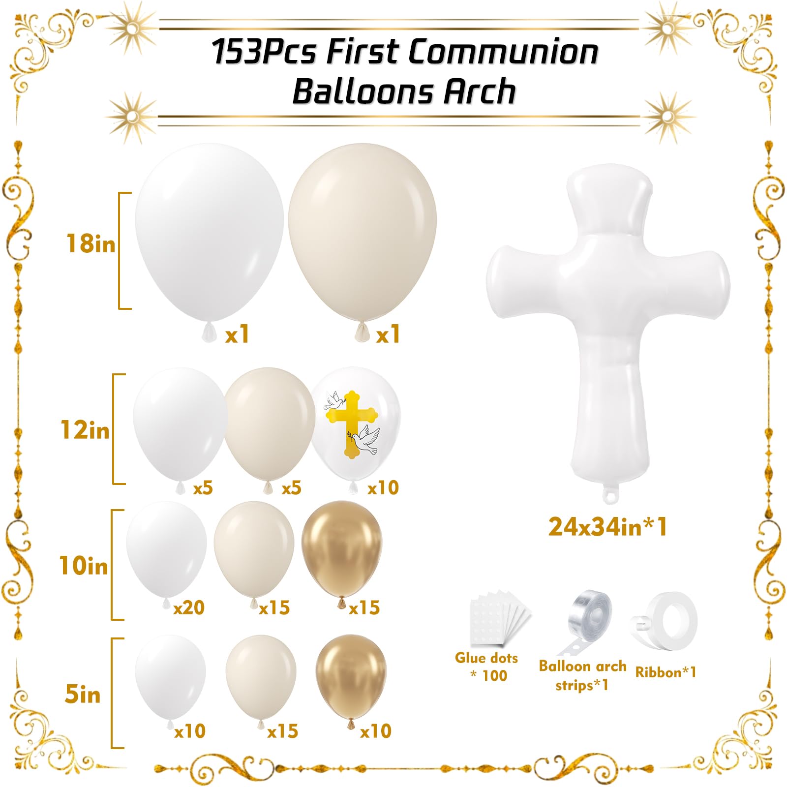 PTGOLUO First Communion Balloon Garland Kit 153Pcs, Baptism Balloon, White Sand Gold Nude Bautizo Balloons Arch Kit for First Holy Communion Baptism God Bless Christening Party Birthday Supplies