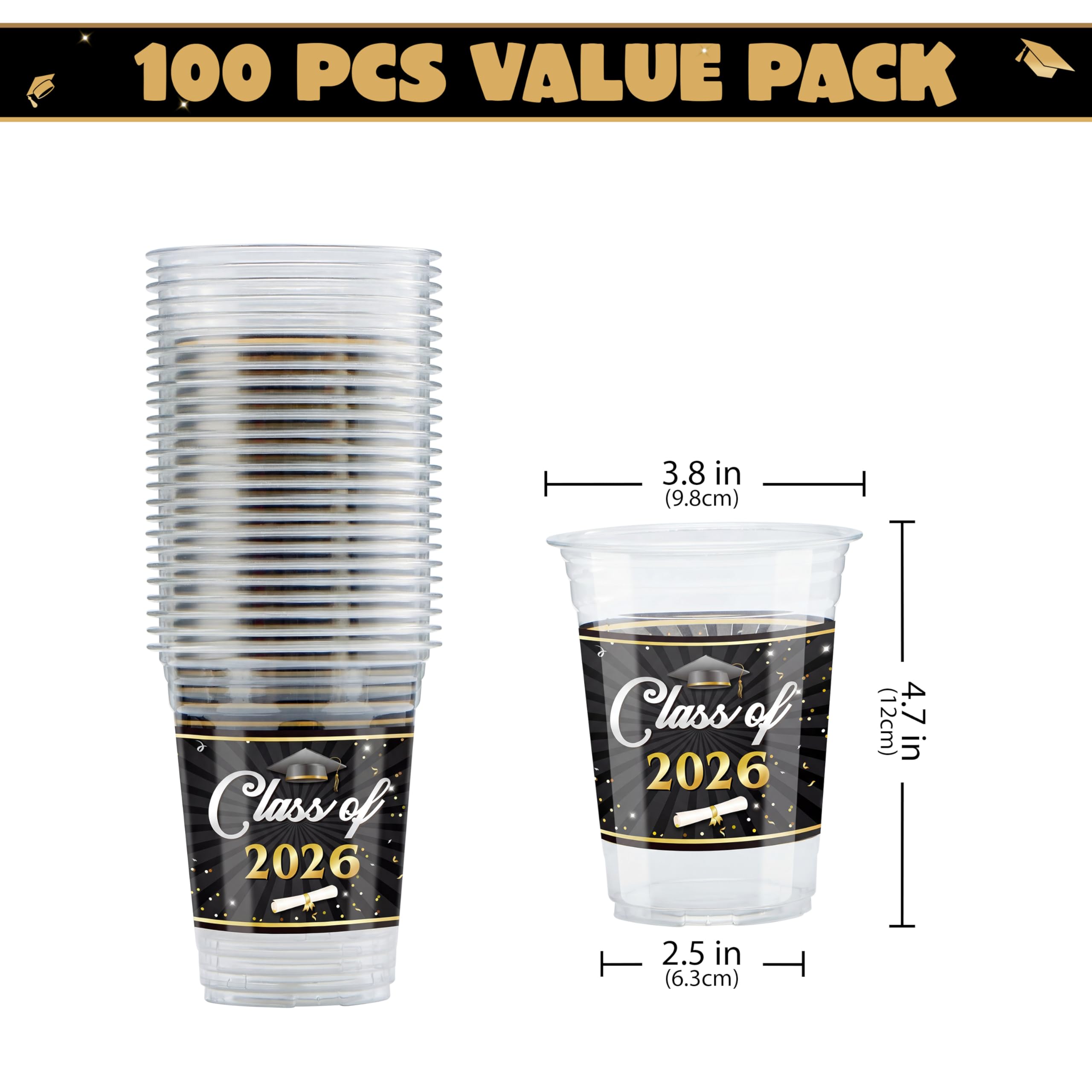 JOYIN 100 Pcs 16oz Graduation Cups Party Plastic Cups, Class of 2026 Graduates Disposable Tableware Set, PET Cup for High School College Graduation School Party Favors Supplies