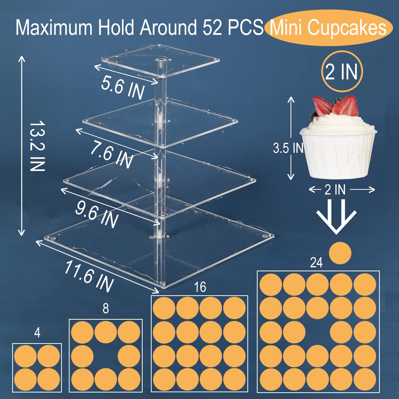4 Tier Cupcake Stand Cupcake Holder with LED, Acrylic Square Cupcake Tower
