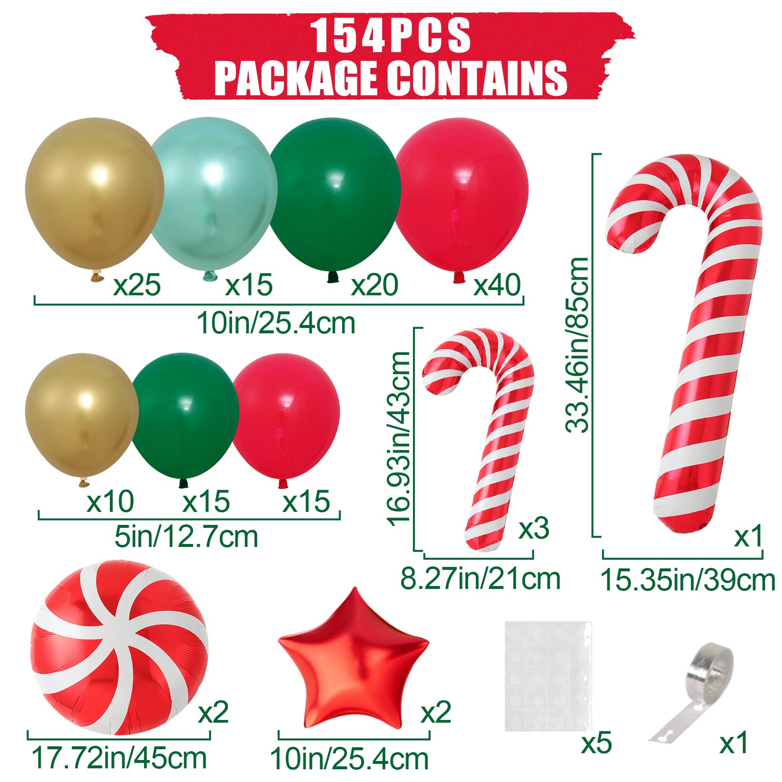 Christmas Balloon Arch Kit, 150Pcs Red Green Gold Balloon Garland with Candy Cane Balloons Red Star Balloons for Christmas Party Decorations, Xmas Decorations for Indoors