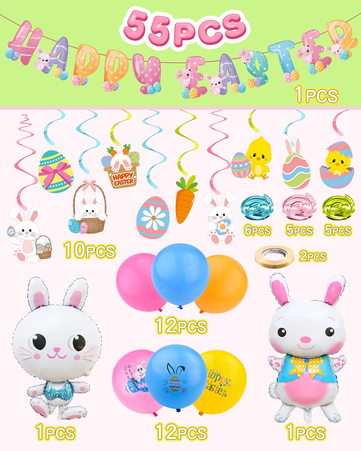 55PCS Easter Party Decorations Kit with Balloons Banner and Swirls