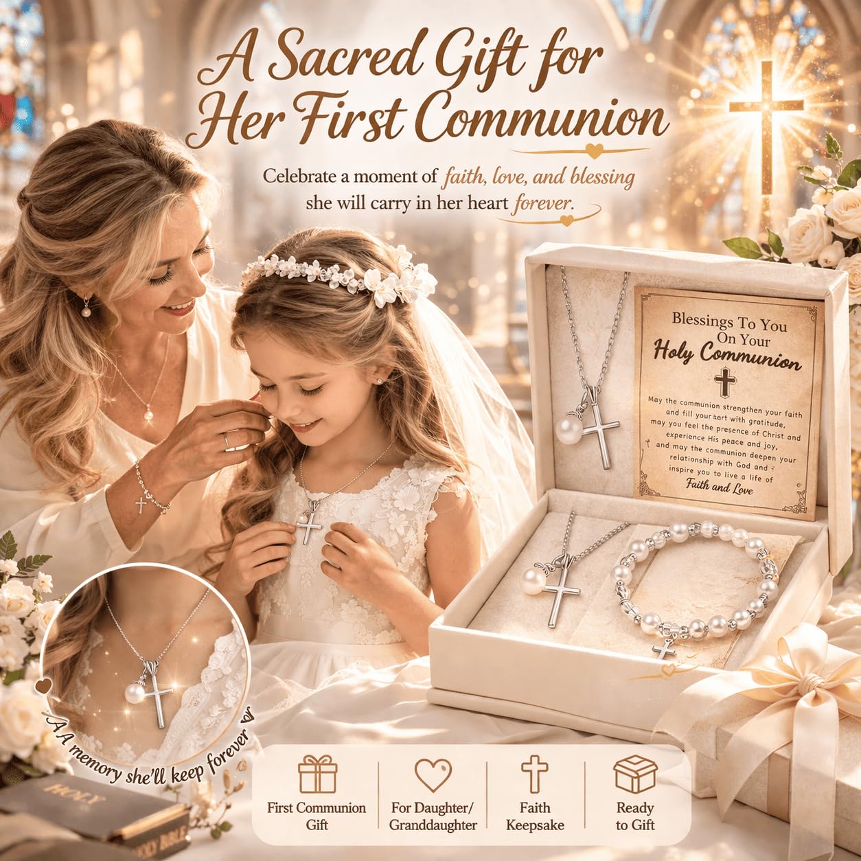 FJHAIY First Communion Gifts Baptism First Holy communion Cross Necklace&Cross Bracelets Christian Gifts Easter Gifts (First Holy Communion)