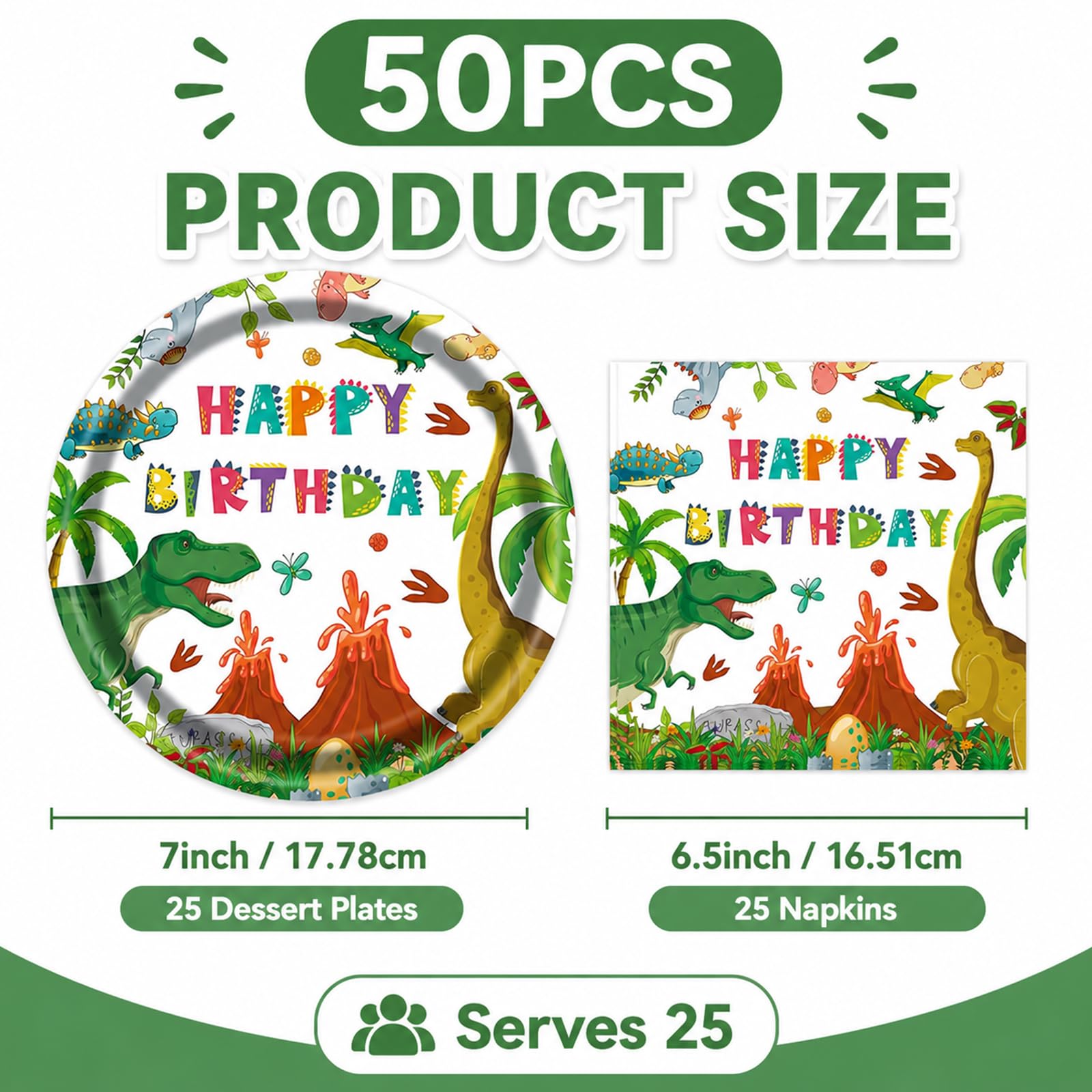 PUEVENYI 50PCS Dinosaur Birthday Paper Plates and Napkins - Watercolor Disposable Paper Plates Napkins Kit for Dinosaur Birthday Party Decorations Table Decor, Serves 25