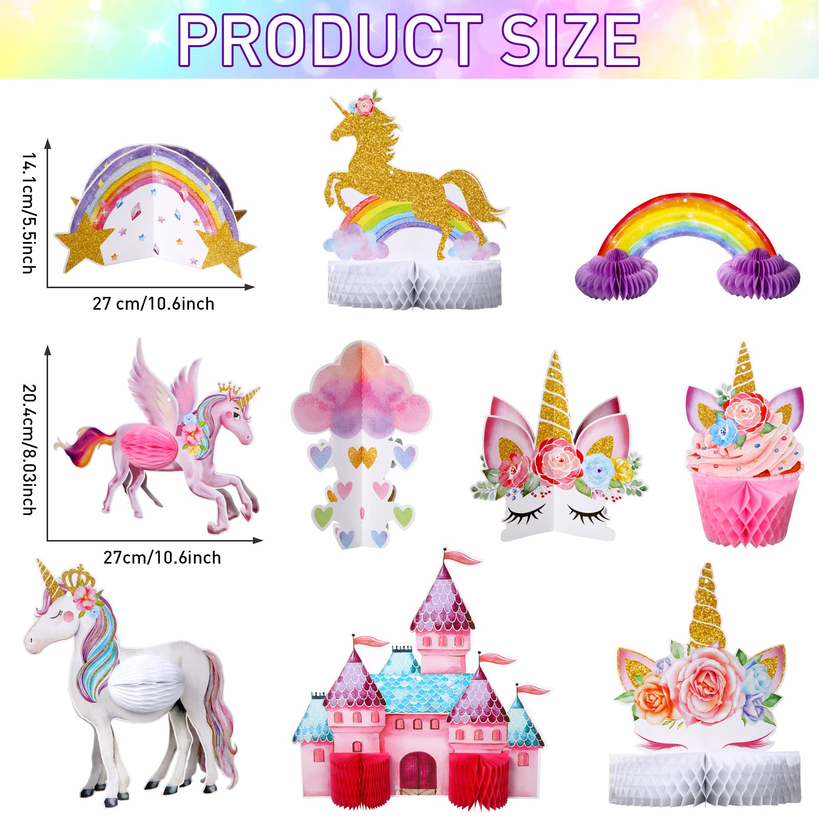 10 Pcs Unicorn Rainbow Centerpiece Unicorn Honeycomb Centerpiece Hanging Swirl Decorations for Table Shiny Topper for Girls Birthday Party Decorations Supplies