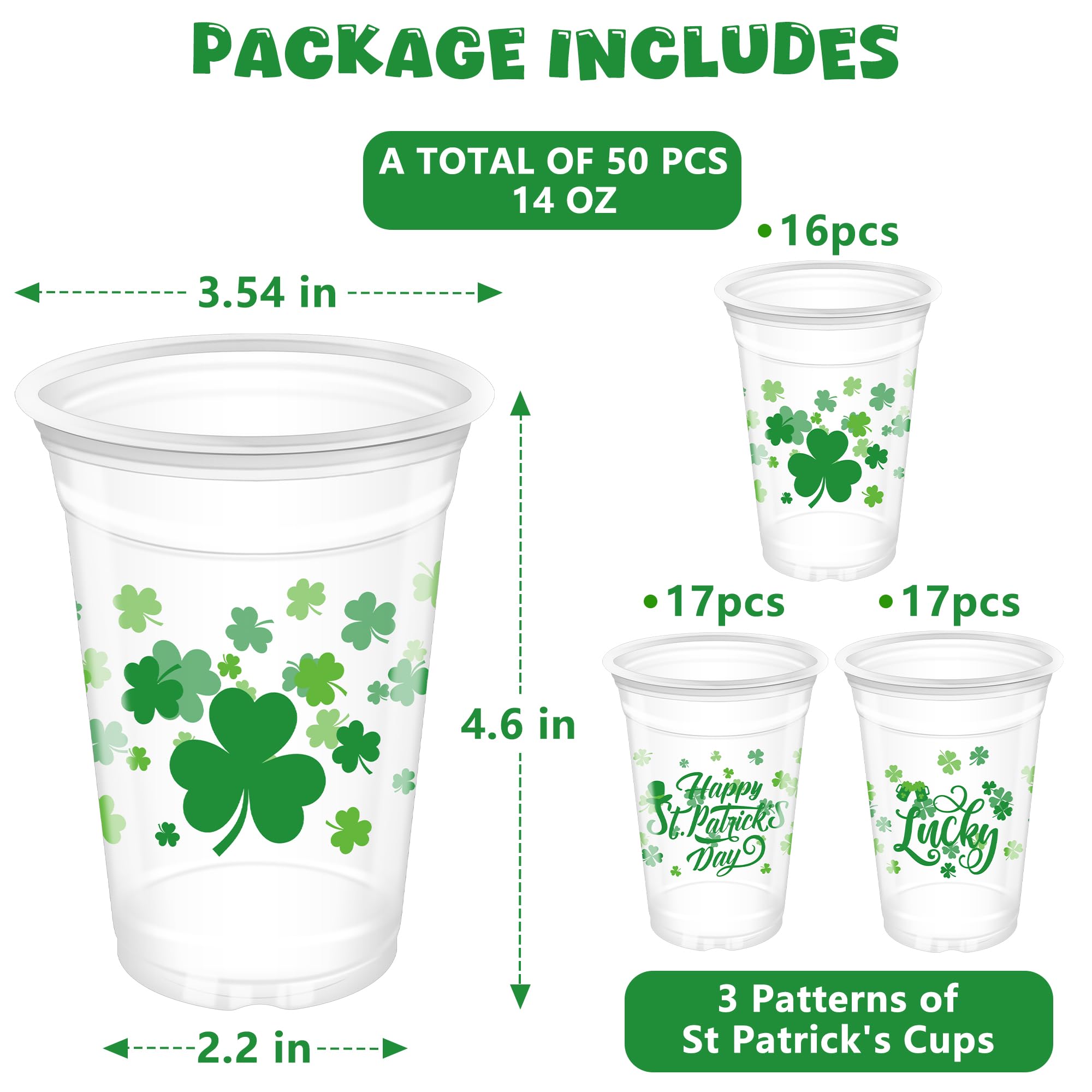QZYL 50 PCS St Patricks Day Cups, 14 OZ St Patricks Day Party Decorations, Lucky Clover Design Shamrock Disposable Cups Green Plastic Cups St Patricks Cups, Irish Decor St Patricks Day Party Supplies