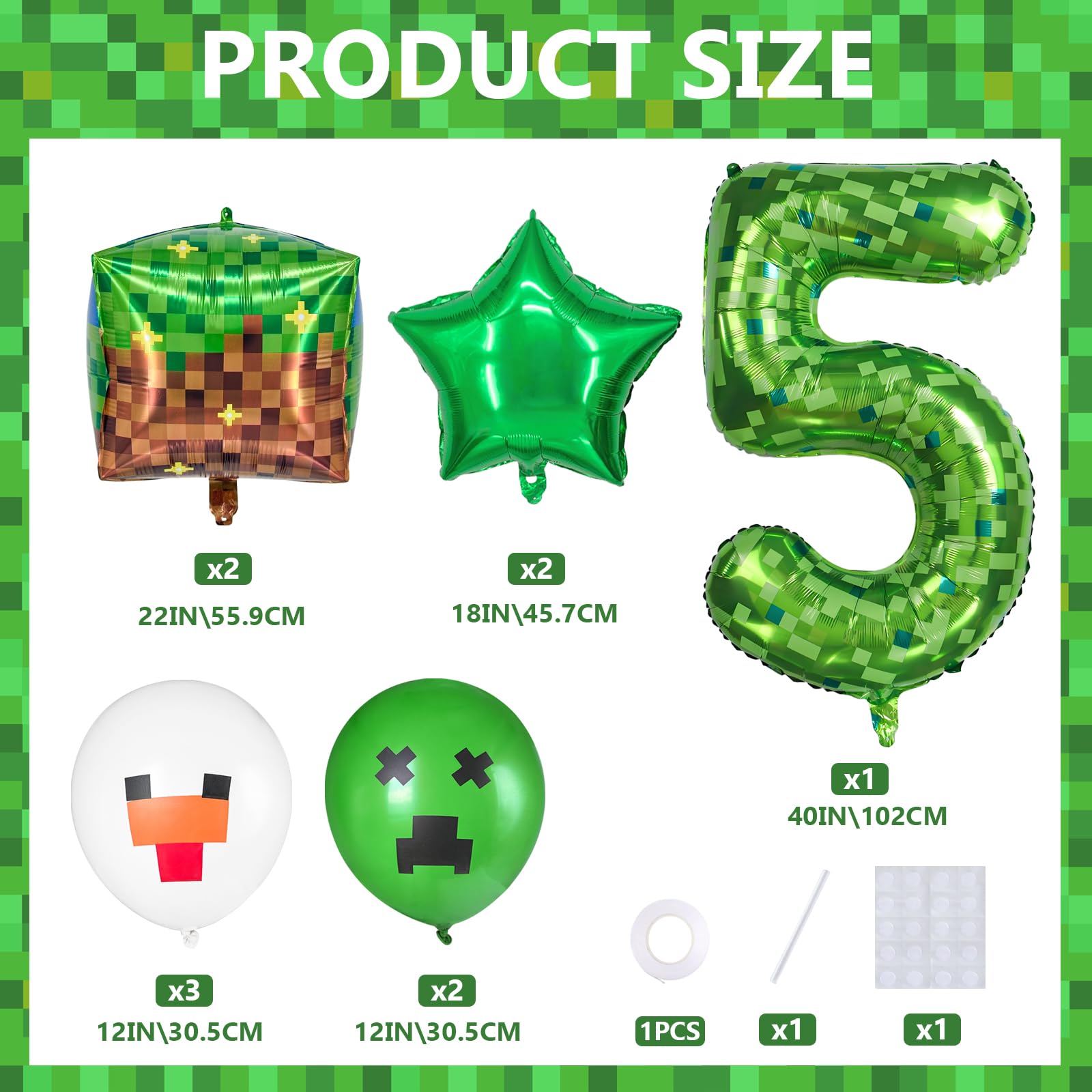 FJZEPIN 40 Inch Giant Green Pixel Miner Themed Number Foil Balloons, Mining Green Birthday Party Decorations Bundle 0-9 Optional Kids Anniversary Balloon Party Supplies (Number 5)