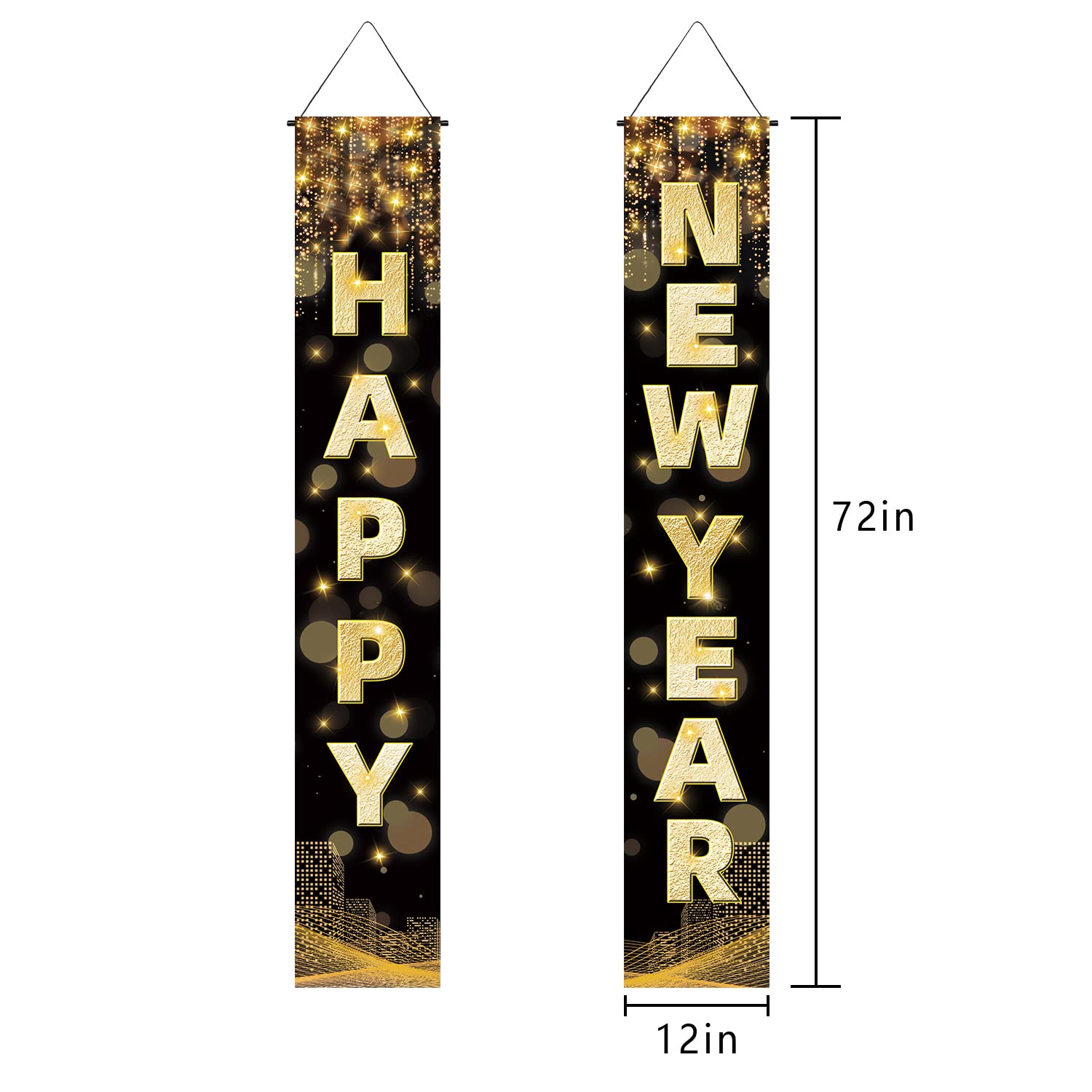 Labeol Happy New Year Banner, 72 x 12 Inch Large Front Door Porch Sign Hanging Banner Decorations New Years Eve Party Supplies 2025, Happy 2025 Decorations for Outdoor Indoor Home Wall