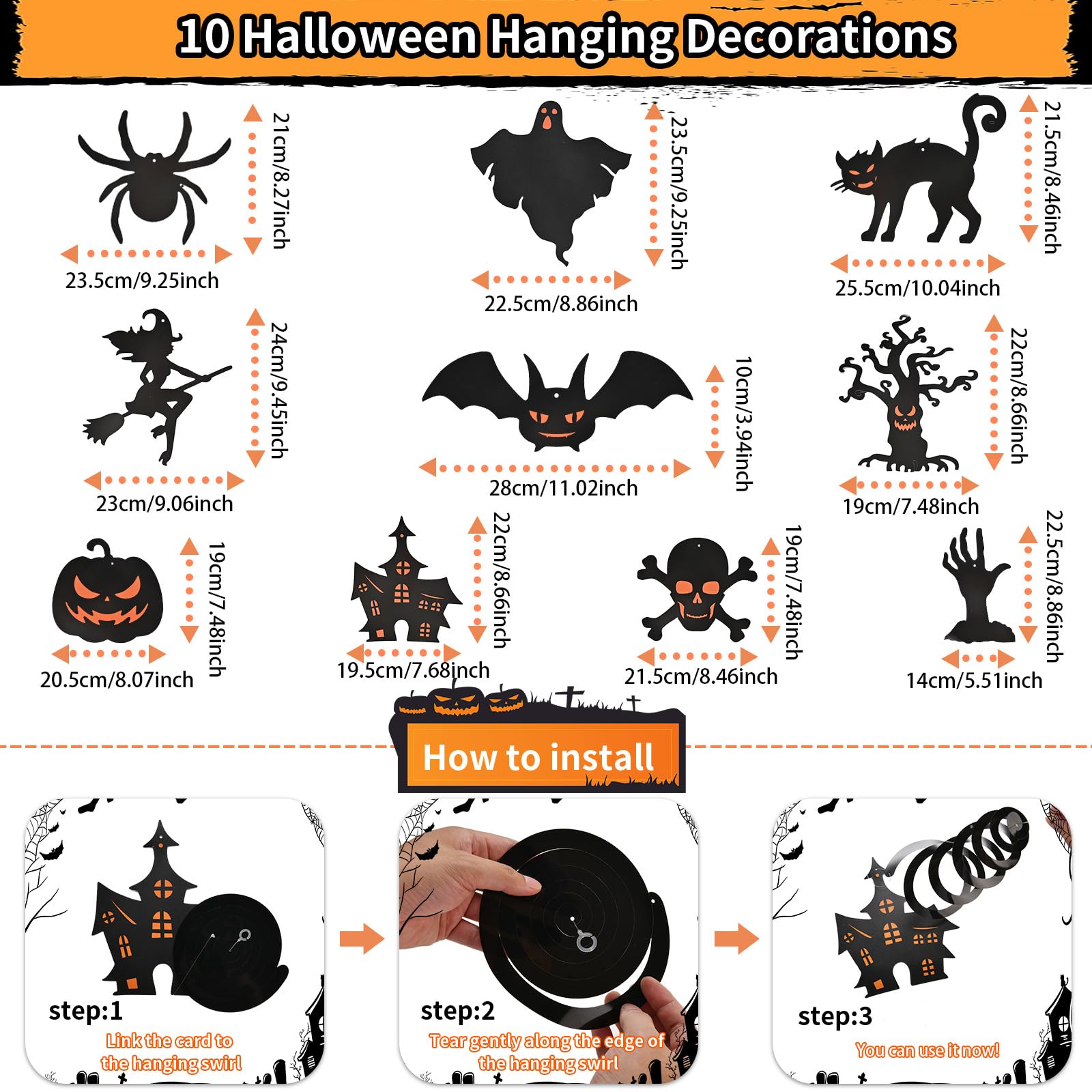 AhfuLife Halloween Party Decorations Set, Reusable Halloween Indoor Decorations Kit Including HAPPY HALLOWEEN Paper Banner for Home Decor, Trick or Treat Sign, Pumpkin Bat Hanging Swirl