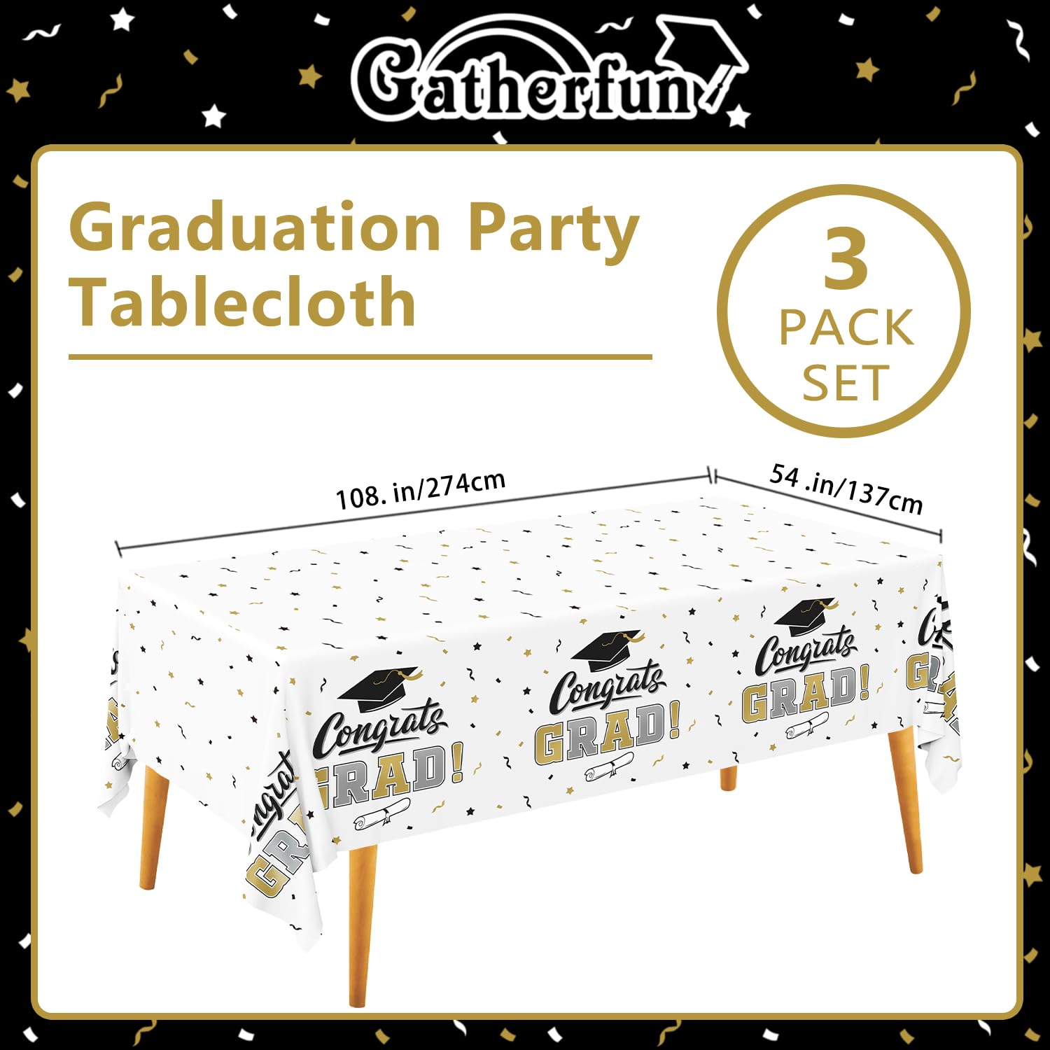 Gatherfun Graduation Decorations, Gongrats Grad Tablecover for Graduation Party Supplies, 3 pcs Class of 2026 Table Cloths, 54"x108" (White and Gold)