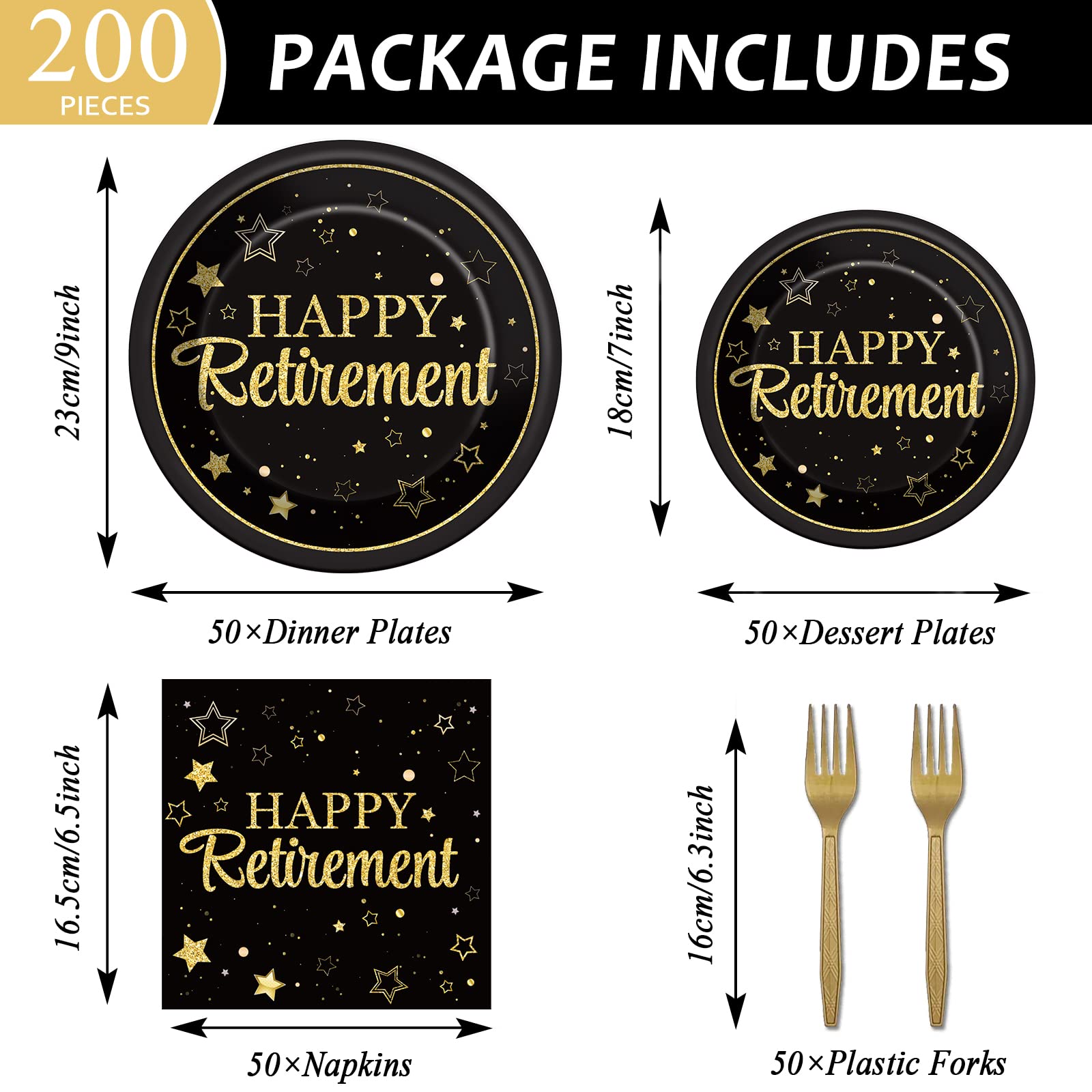 50 Guests Retirement Party Decorations Retirement Plates Napkins Set Happy Retirement Black and Golden Disposable Dinnerware Tableware Graduations Decorations Supplies Favors for Women Men, 200Pcs