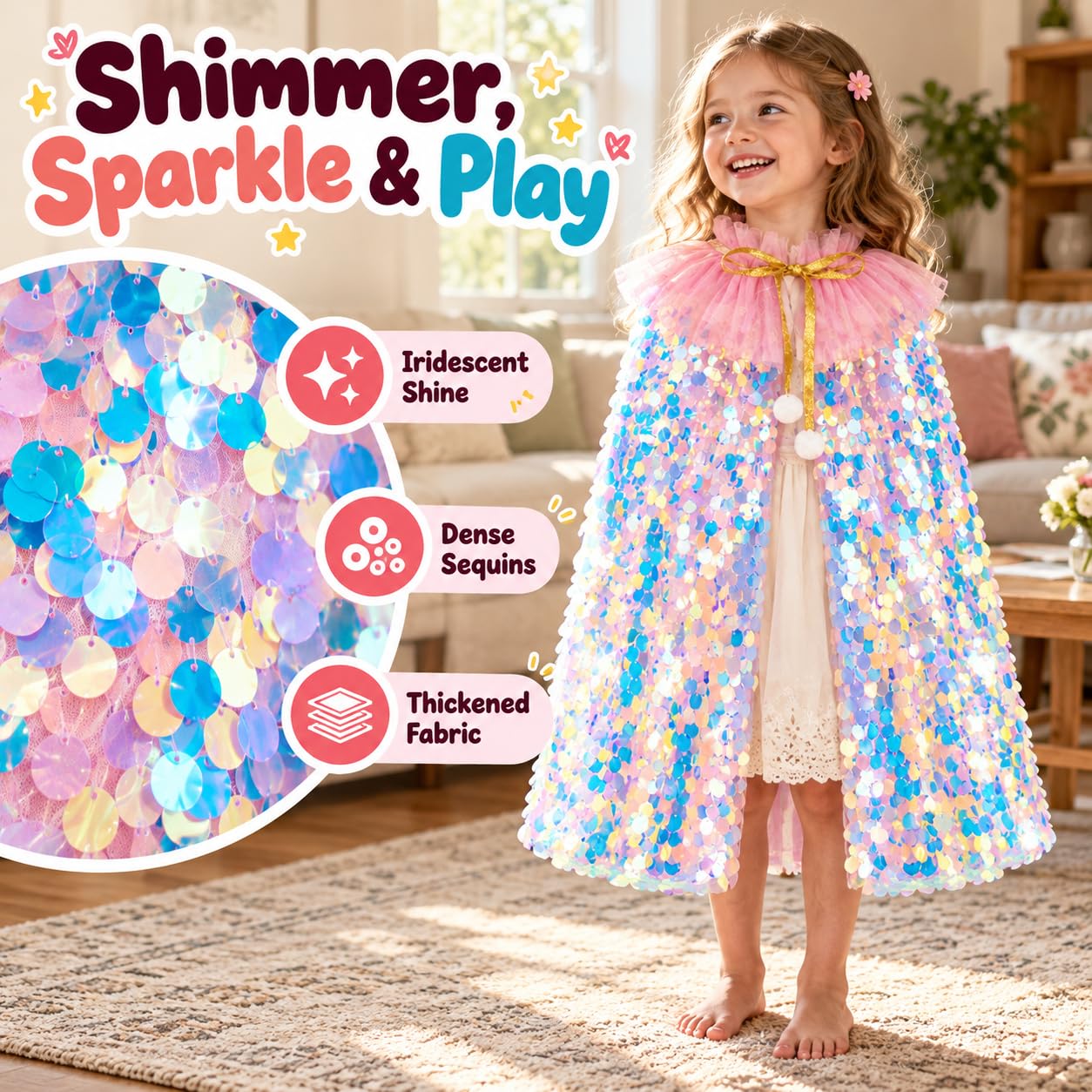 Meland Princess Dress Up for Girls 3-8, Mermaid Cape with Crown, Dress Up Clothes for Girls Birthday Gift, Christmas, Halloween Role Play Costumes, Toys for Kids Toddlers Pretend Play